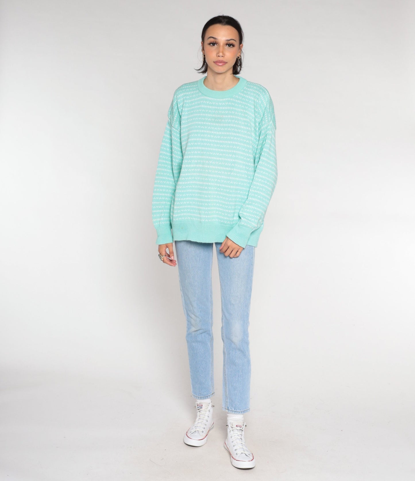 90s Eddie Bauer Seafoam Striped Knit Sweater Crewneck Cotton Medium