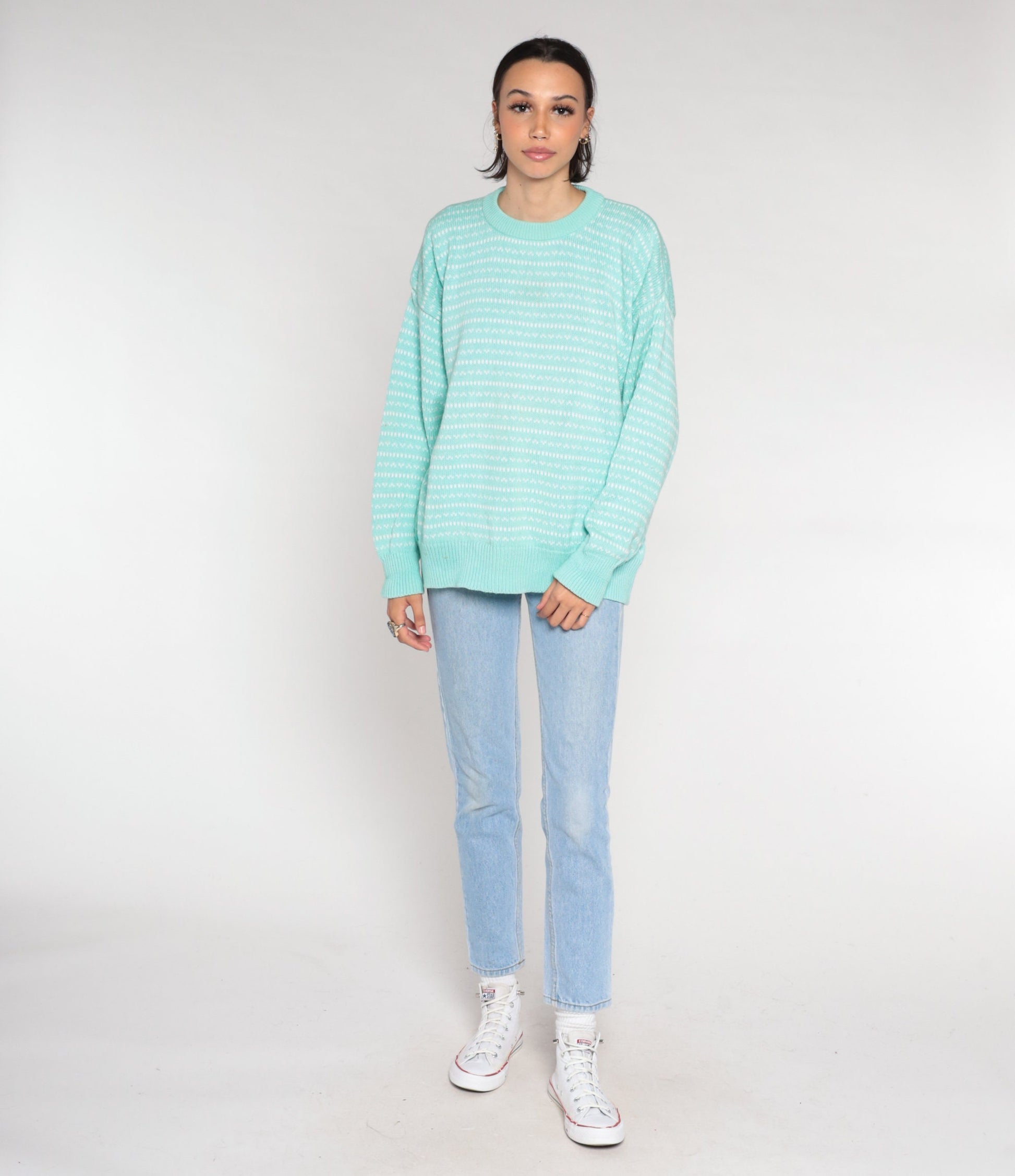 90s Eddie Bauer Seafoam Striped Knit Sweater Crewneck Cotton Medium