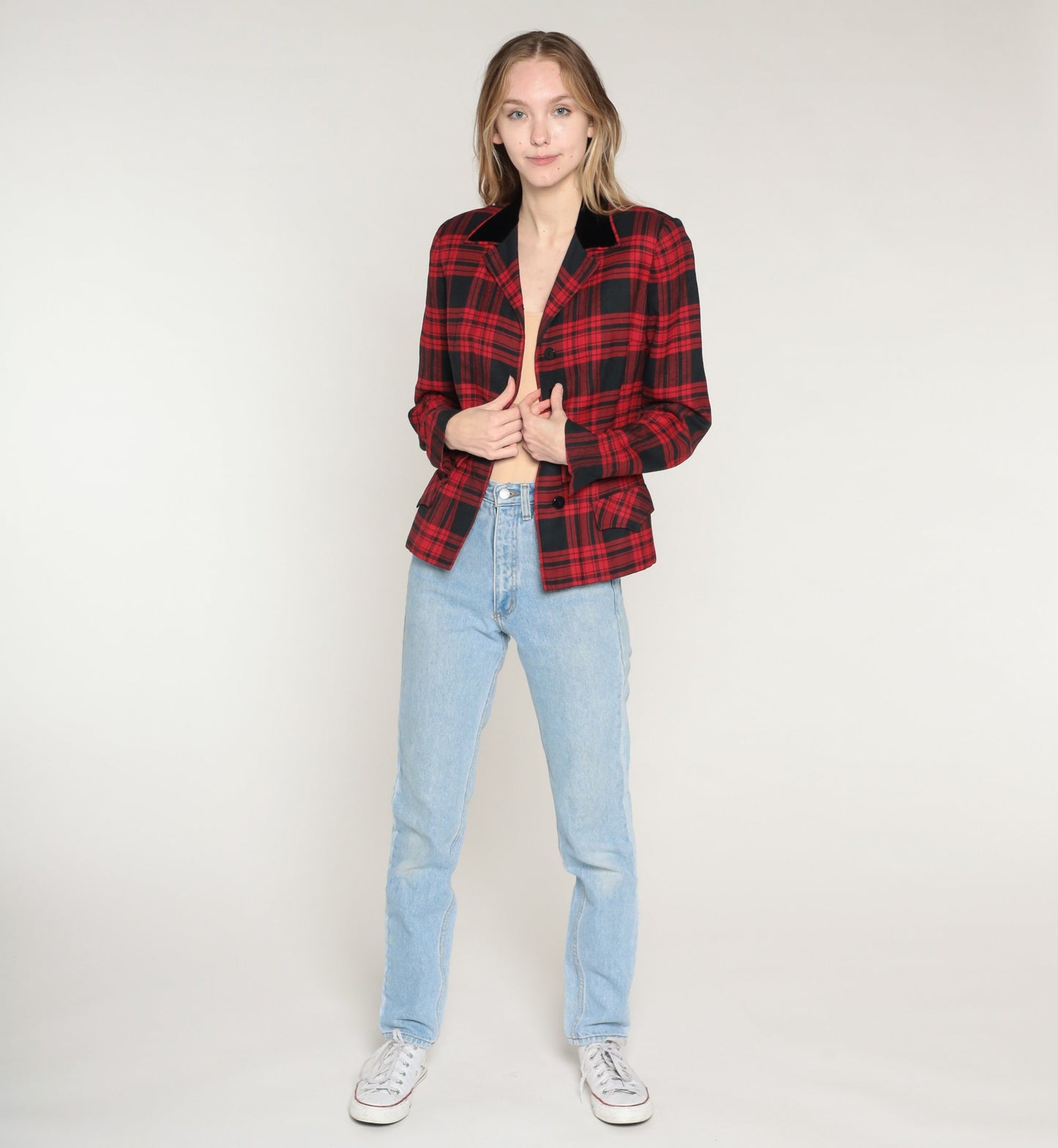 70s Marshall Field Red Plaid Wool Blazer Notched Collar Button Jacket Extra Small