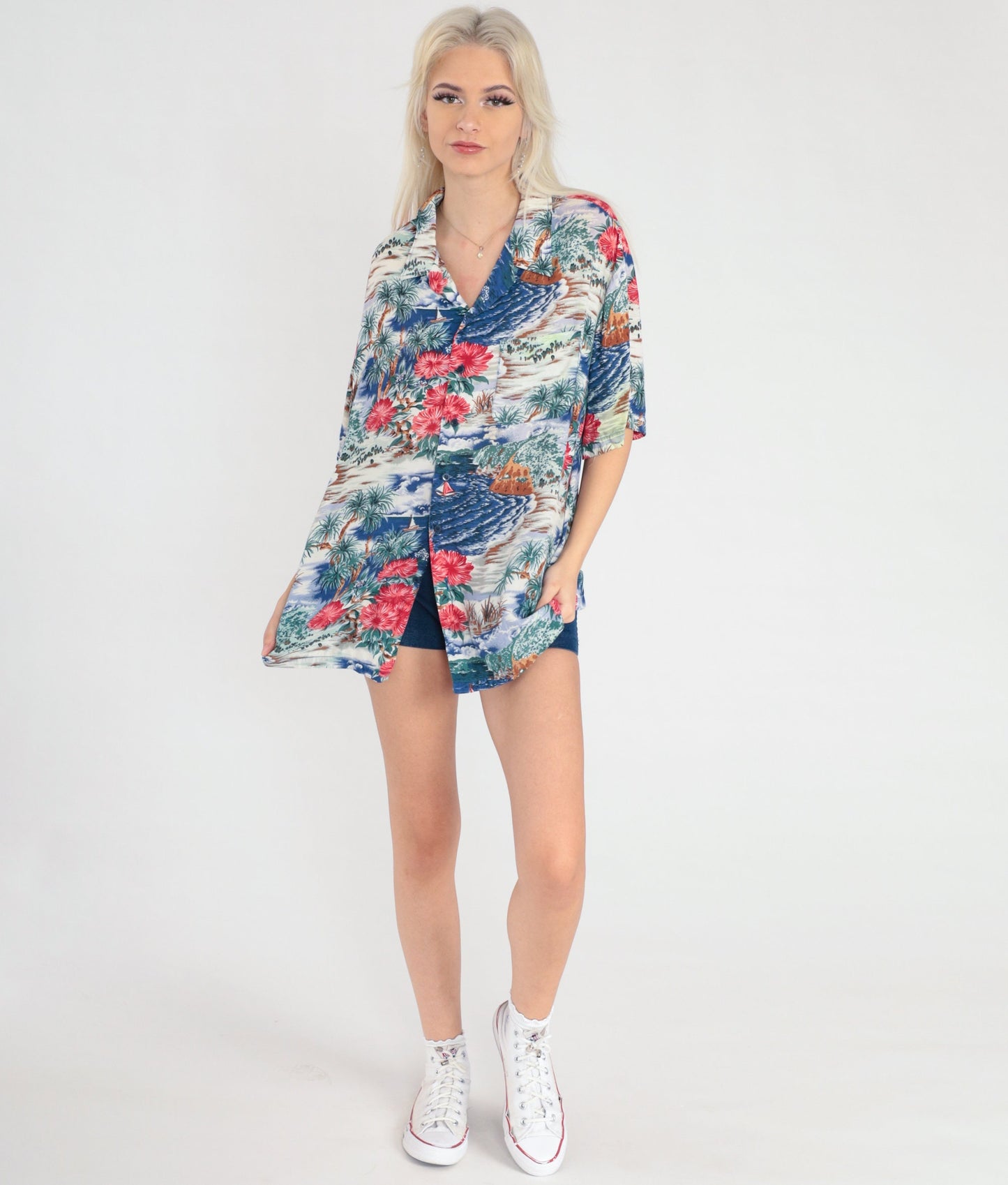 Y2K Hawaiian Islands Button Up Shirt Tropical Print Blue Sailboat Extra Large