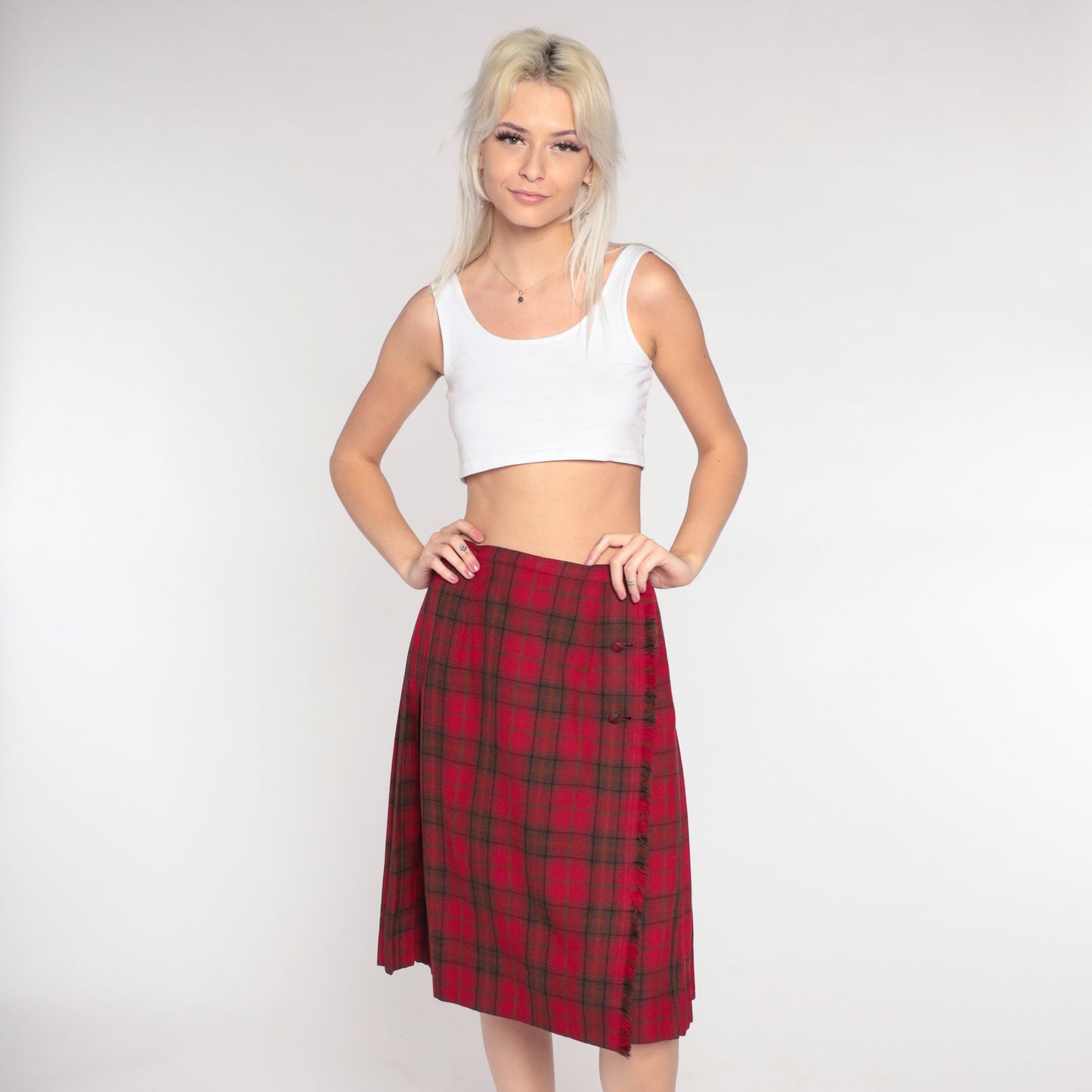 70s Scottish Tartan Wool Midi Skirt Red Plaid Pleated High Waist Small
