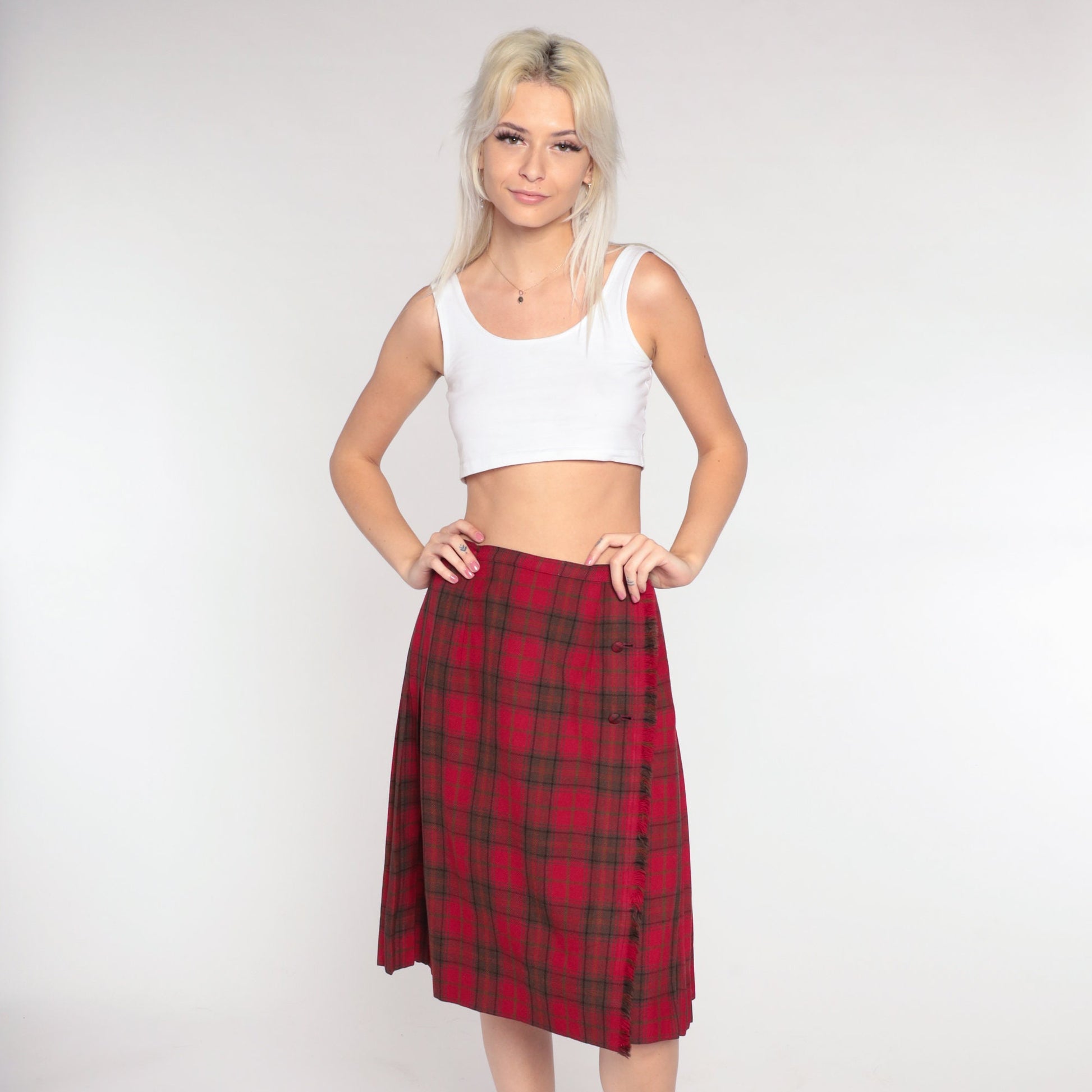 70s Scottish Tartan Wool Midi Skirt Red Plaid Pleated High Waist Small