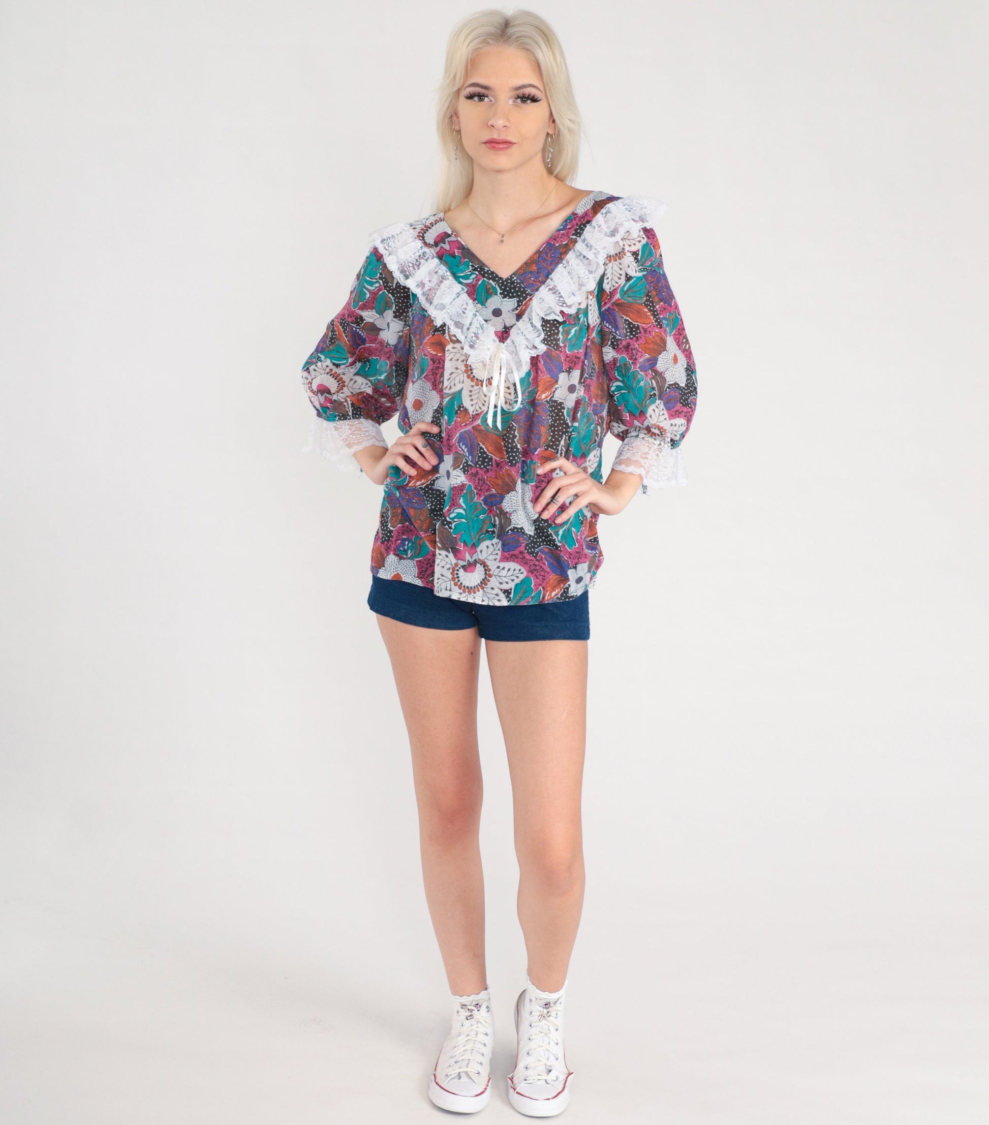 80s Floral Lace Blouse V-Neck Ruffle Tropical Print 3/4 Sleeve Large L