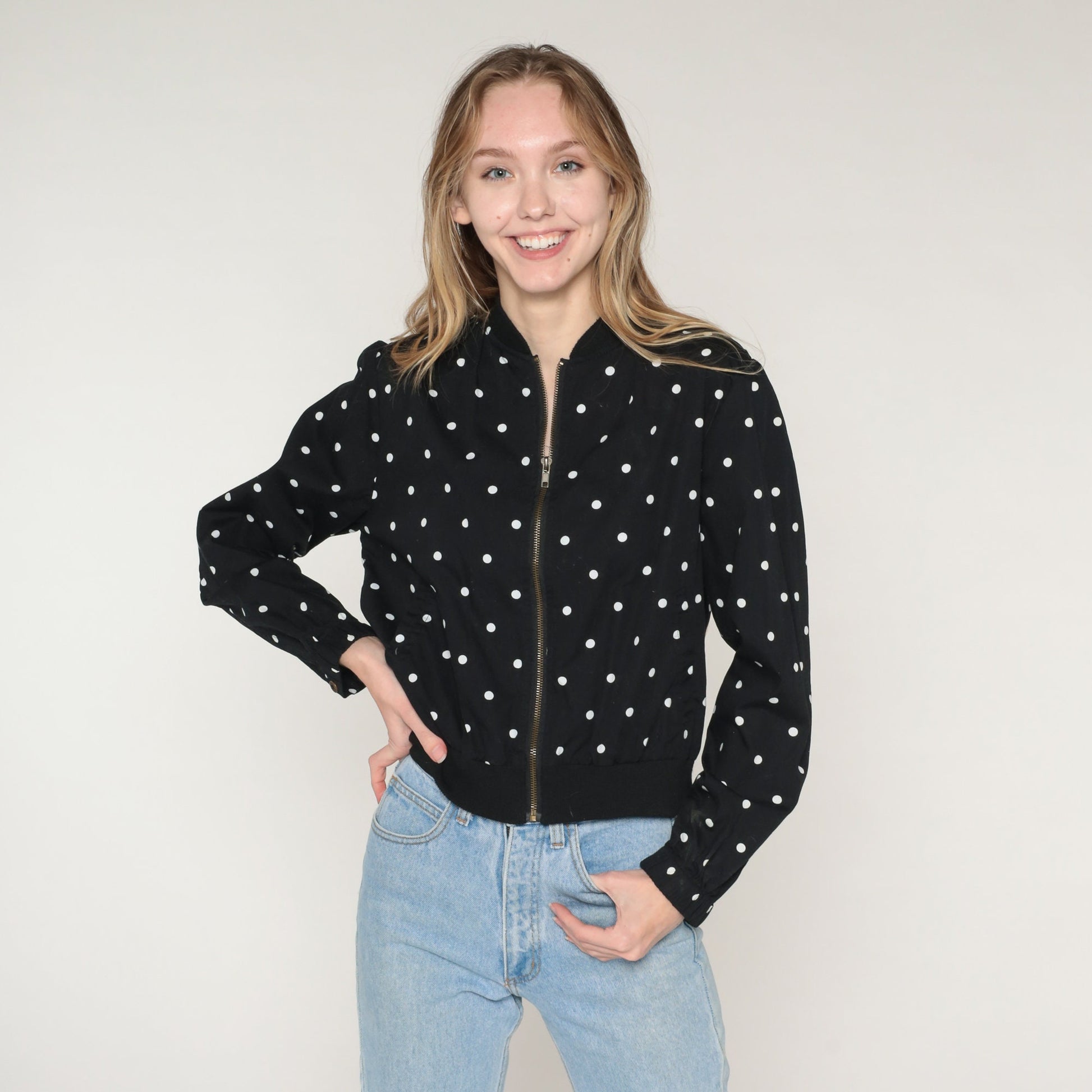 Y2K Black Cotton Zip Jacket White Polka Dot Print Small S