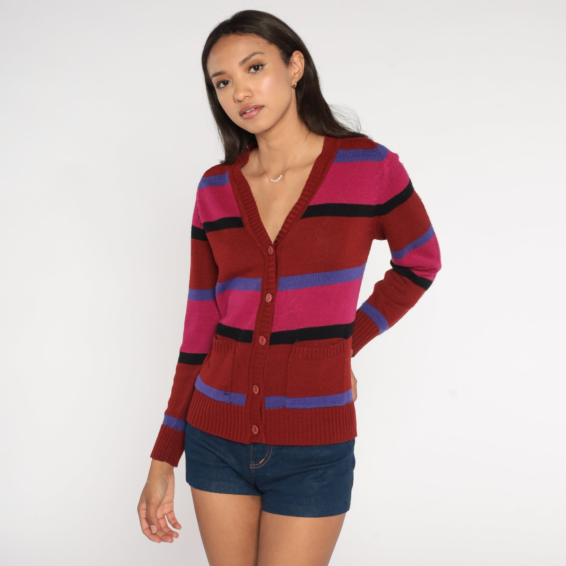 70s Striped Cardigan Rust Red Pink Purple V-Neck Button-Up Knit Small