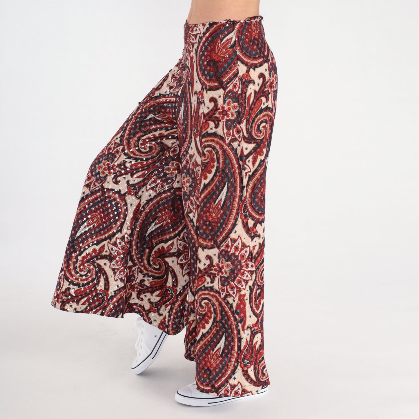 70s Paisley Metallic Bell Bottom Pants High Waisted Red Cream Small