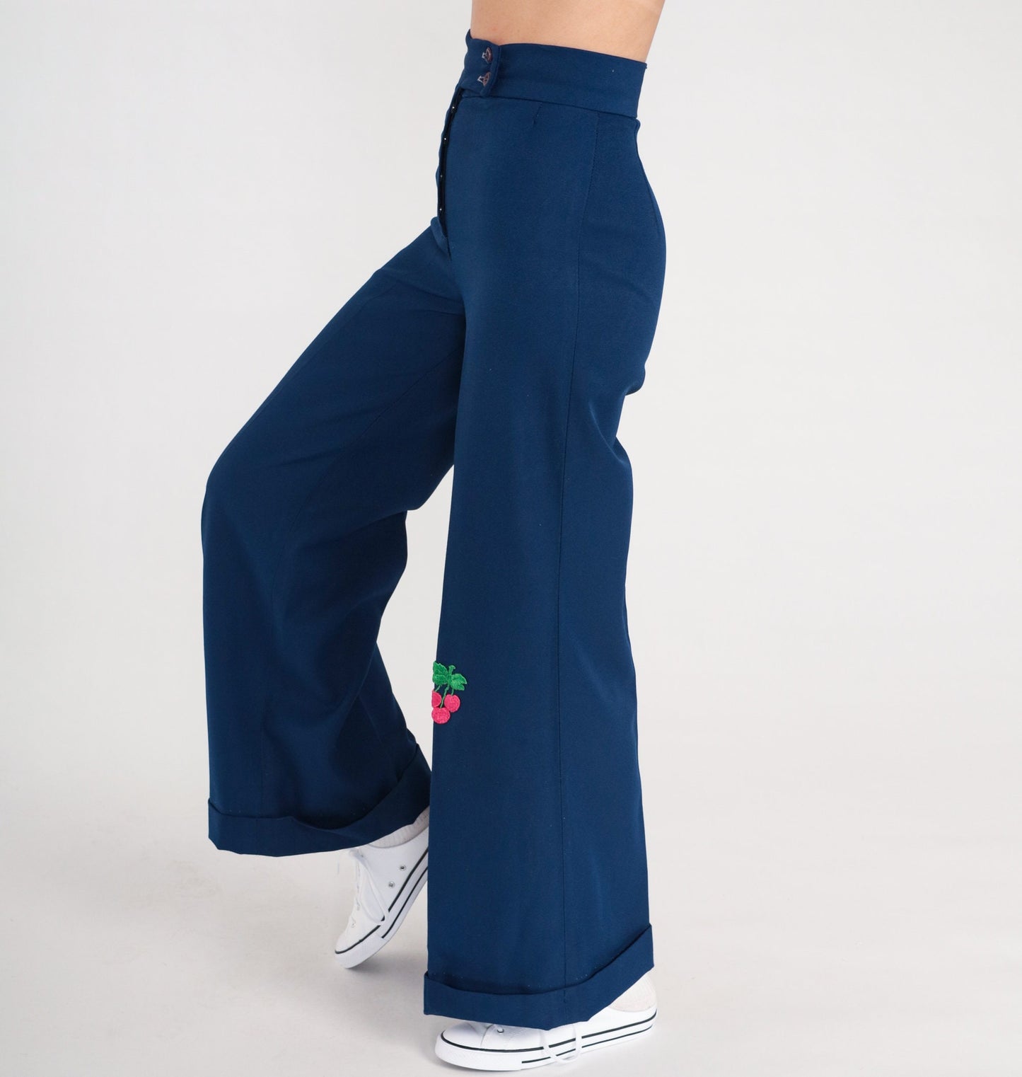 70s Dark Blue Bell Bottom Pants Cherry Flower Patch High Waist Extra Small
