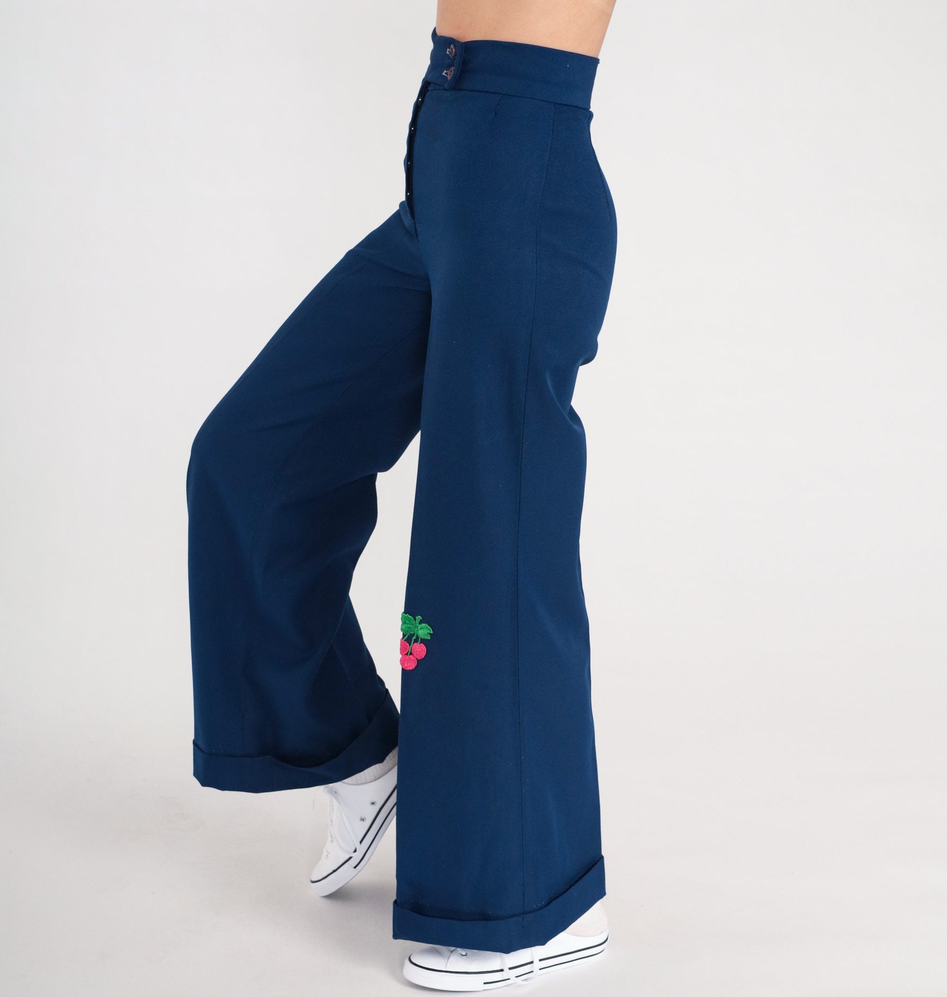 70s Dark Blue Bell Bottom Pants Cherry Flower Patch High Waist Extra Small