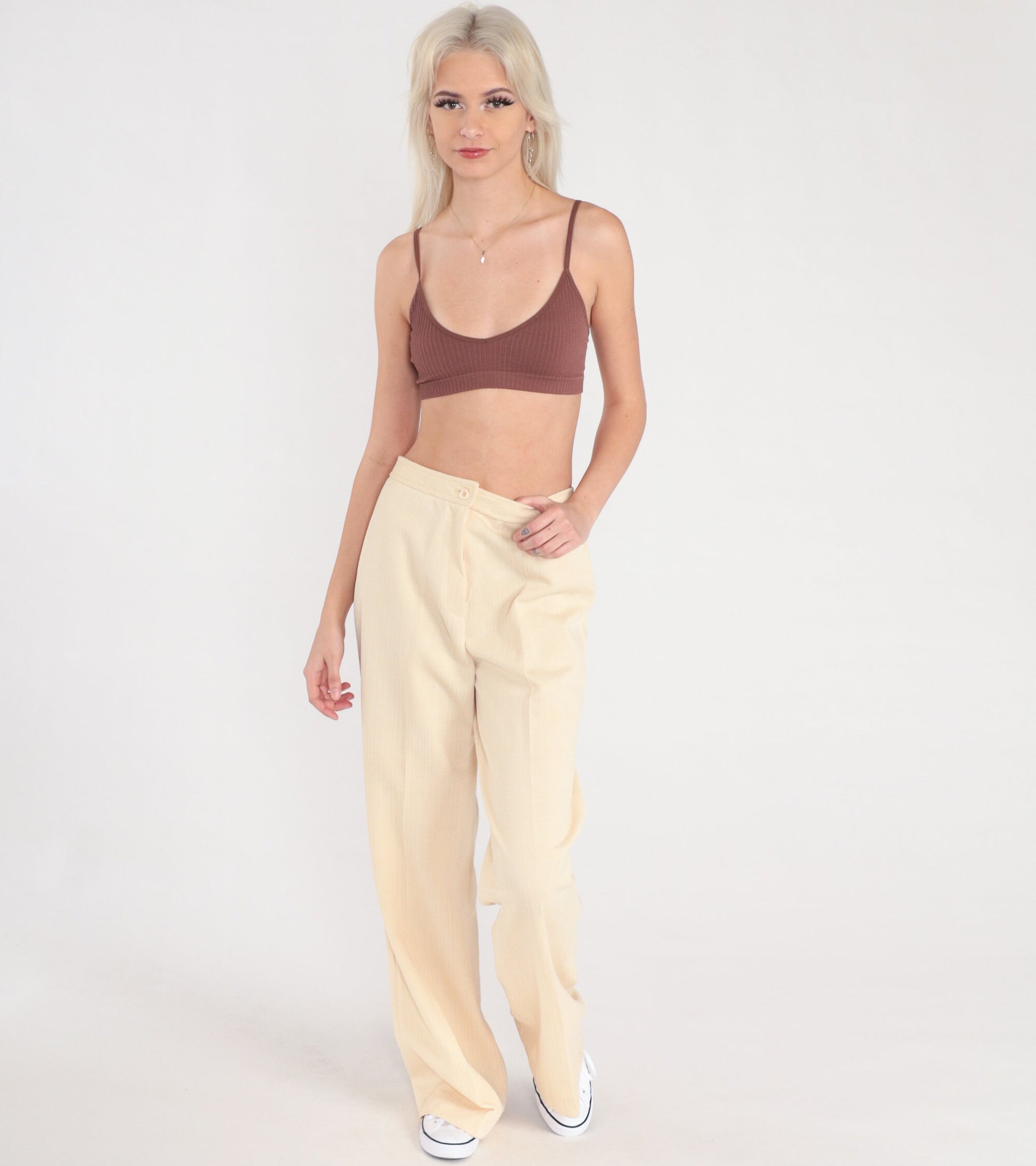70s Pale Yellow Bell Bottom Pants High Waist Vintage Trousers Small