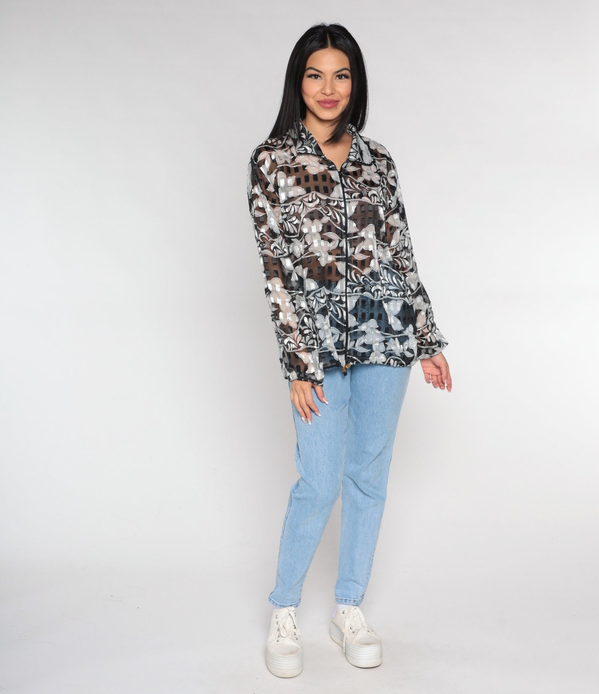 00s Sheer Orchid Floral Jacket Black White Zip Windbreaker Large L