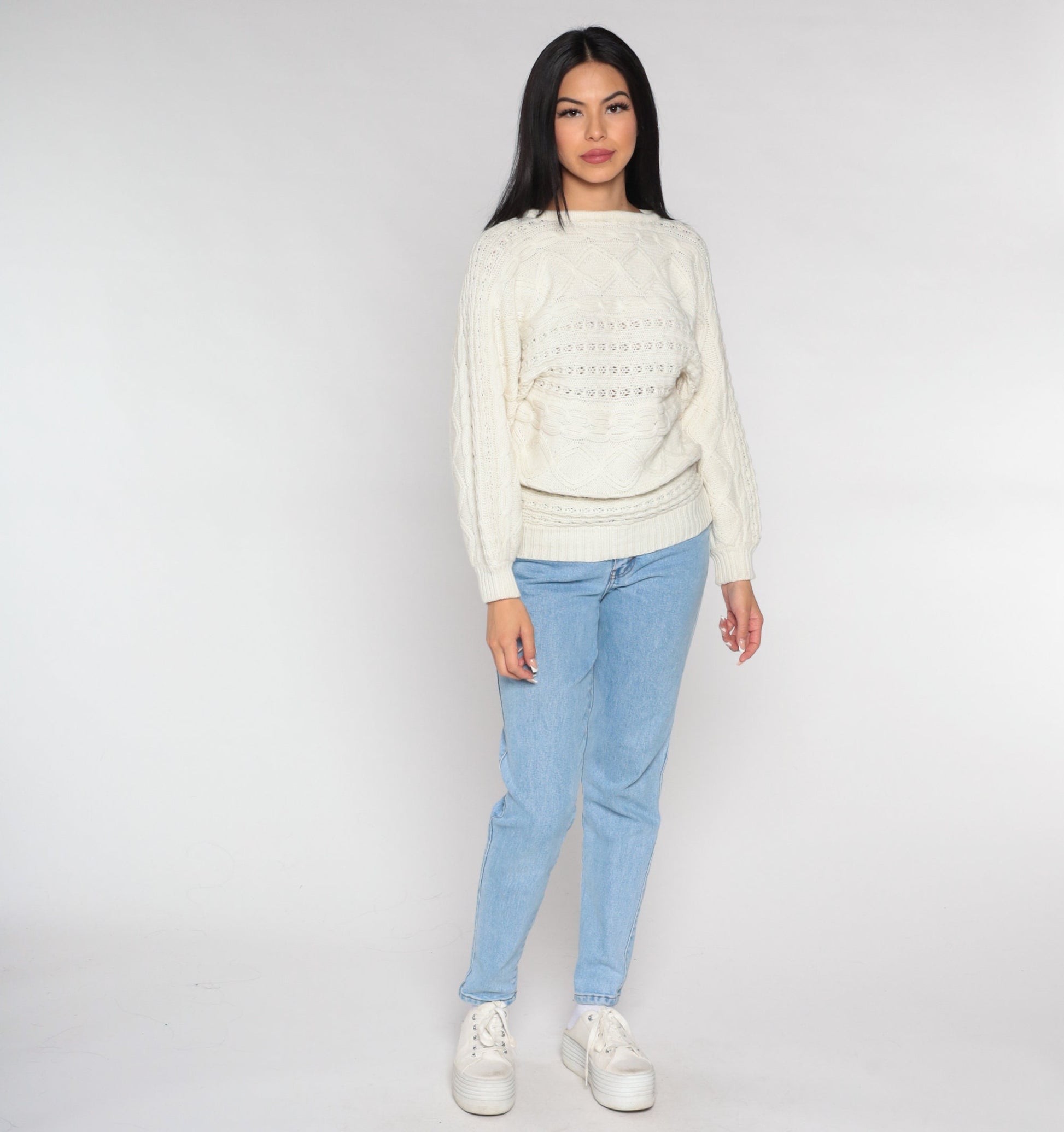 90s White Cable Knit Pointelle Pullover Sweater Small S