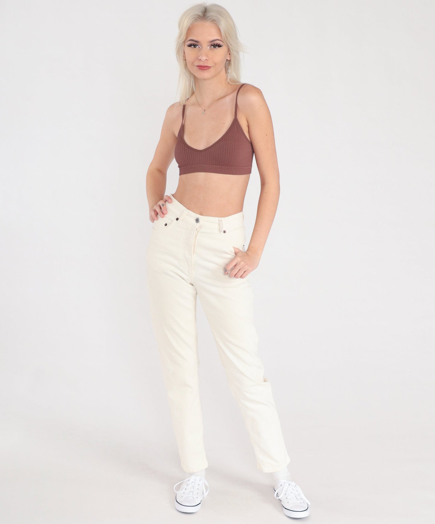 Y2K Cream Skinny Jeans High Waisted Ribbed Stretch Denim Small S