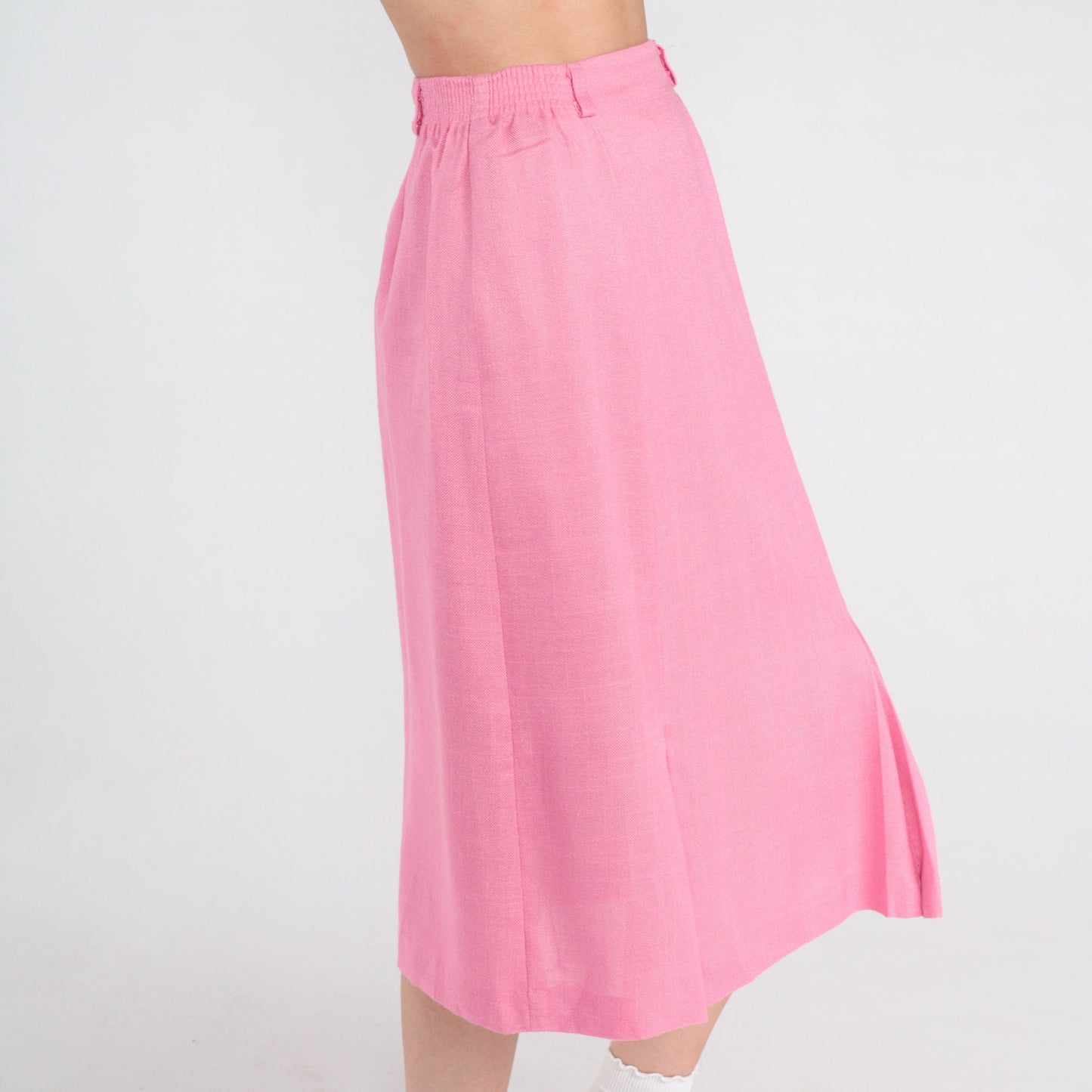 80s Pink Pleated Midi Skirt High Waist School Girl Preppy Small