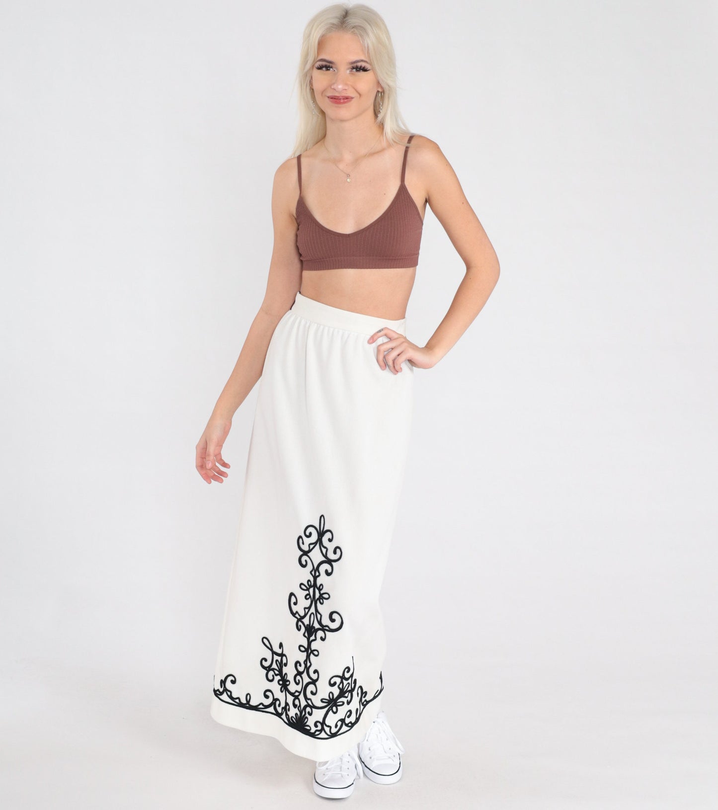 70s White Maxi Skirt Black Soutache Trim High Waist Column Extra Small