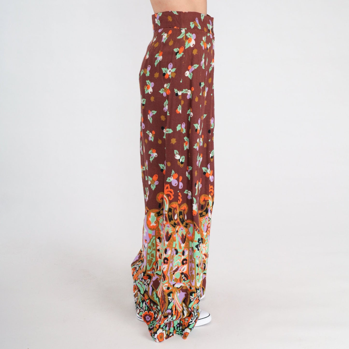 70s Young Edwardian Floral Maxi Skirt High Waist Brown Small