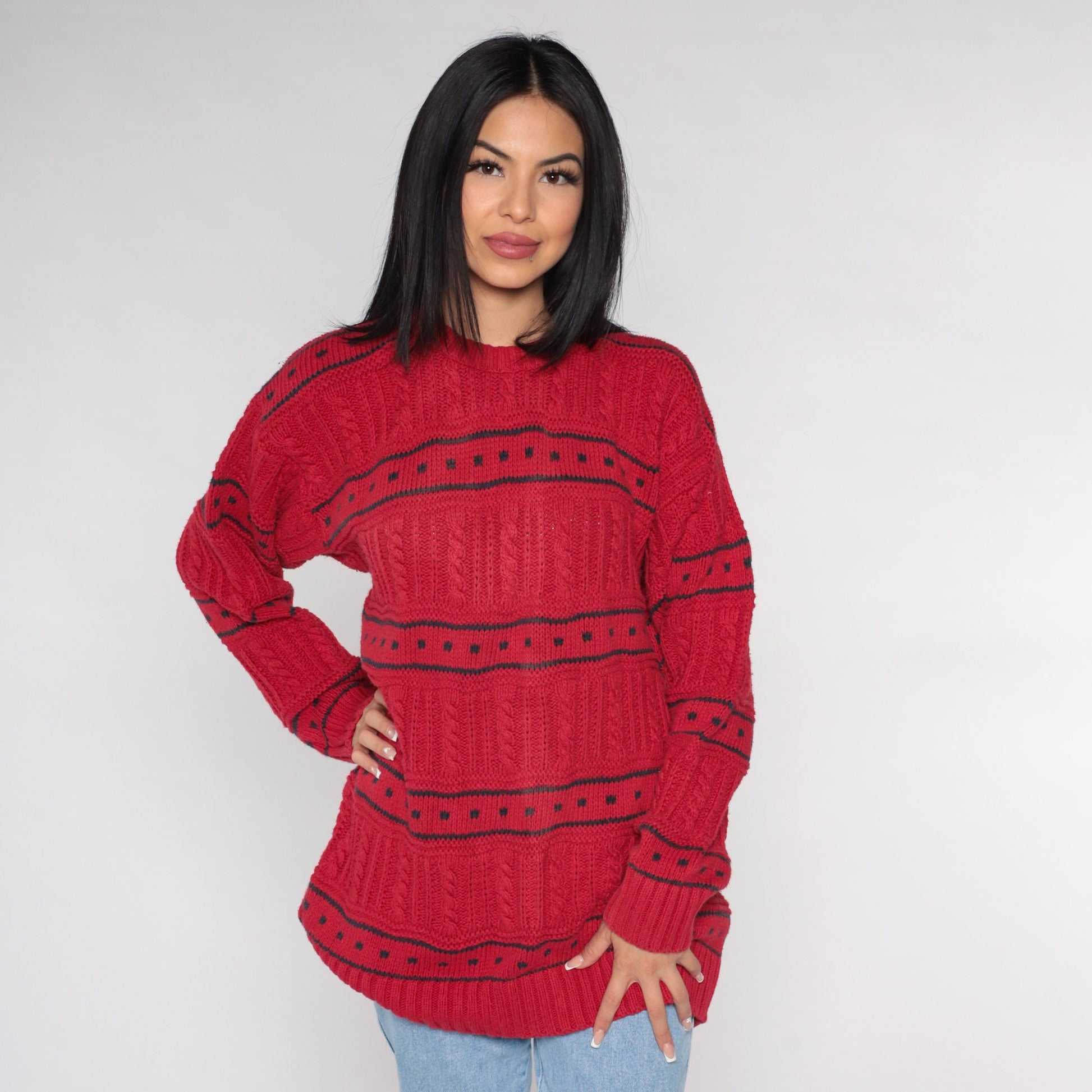 90s Red Cable Knit Sweater Black Geometric Square Crewneck Cotton Large L