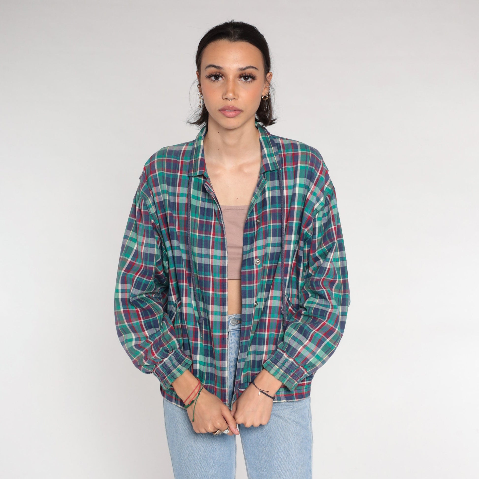 80s Plaid Windbreaker Snap Jacket Blue Red Green Small