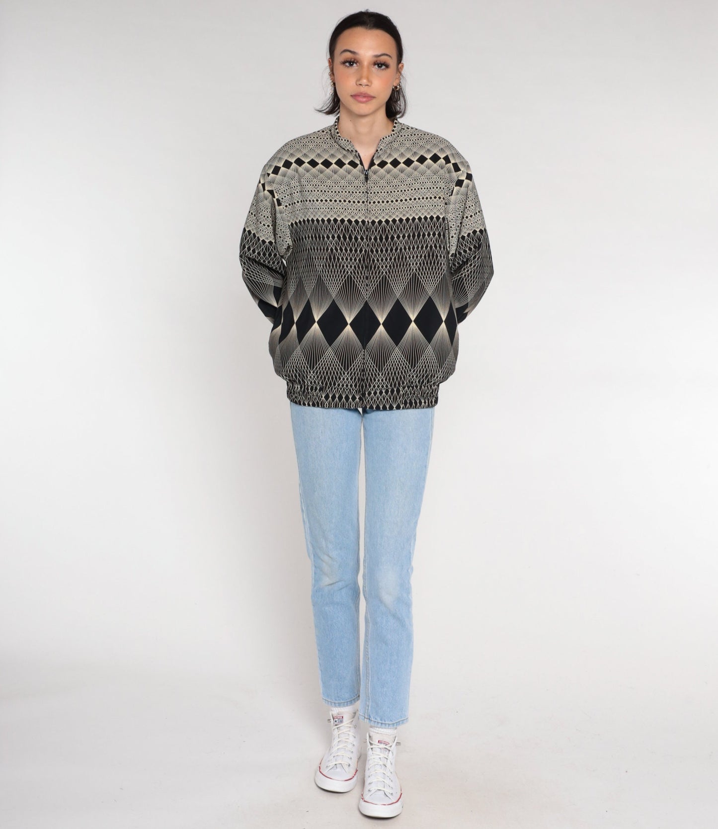 80s Op Art Bomber Jacket Black White Geometric Windbreaker Medium