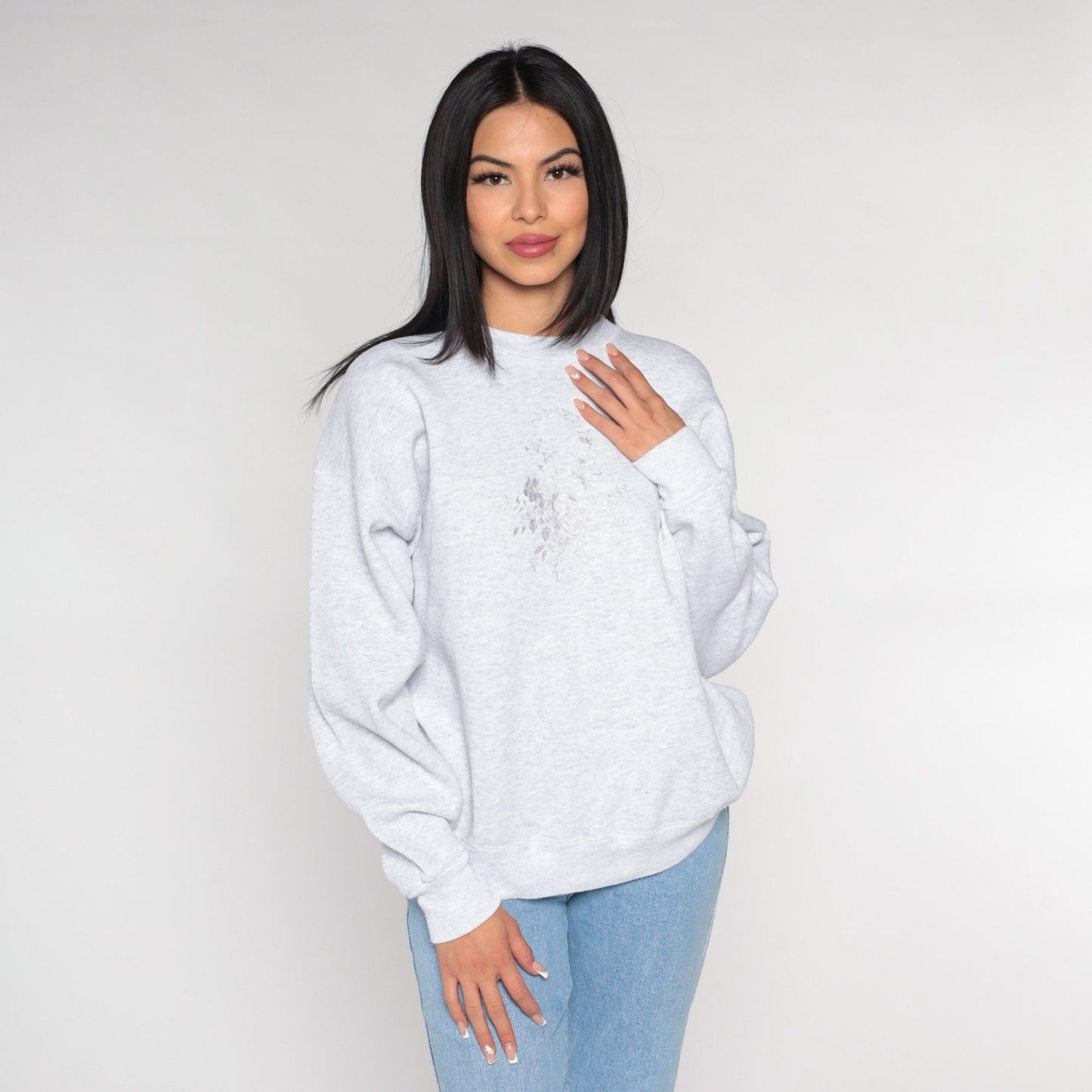 90s Floral Embroidered Sweatshirt Heather Grey Crewneck Pullover Extra Large XXL