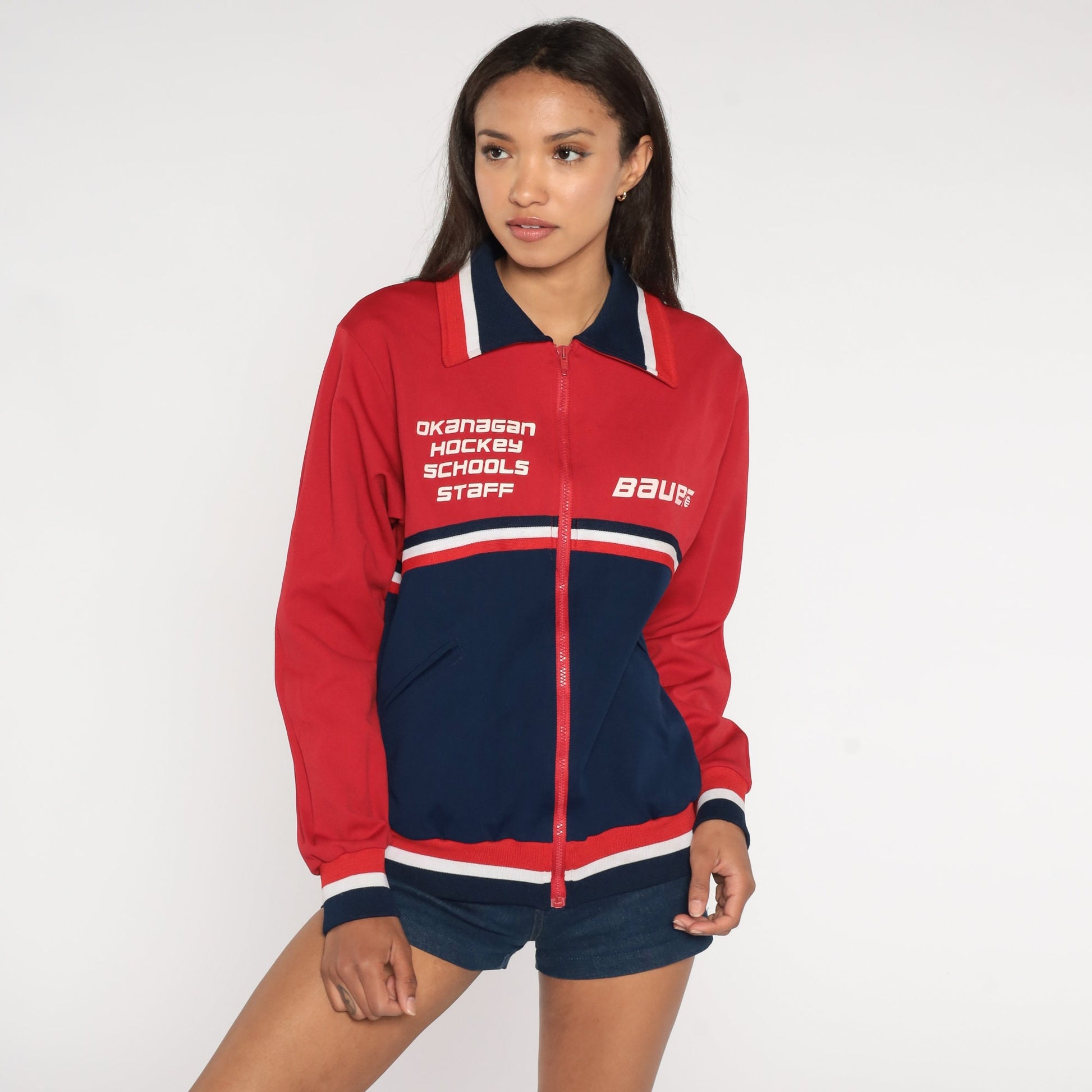 80s Okanagan Hockey Schools Track Jacket Red Navy Zip Up Large L