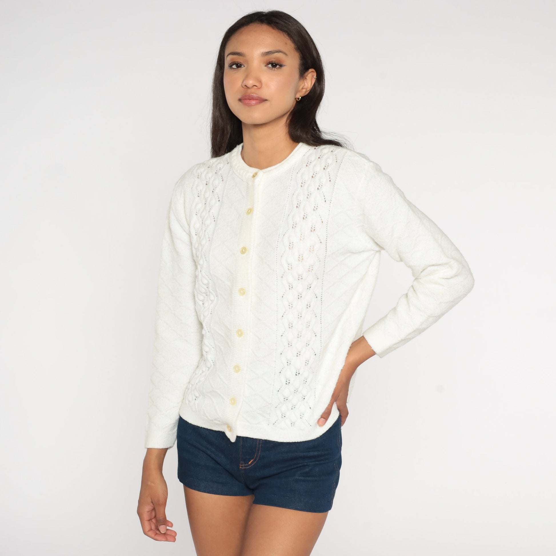 70s Pointelle Cardigan White Open Weave Button-Up Sweater Small S