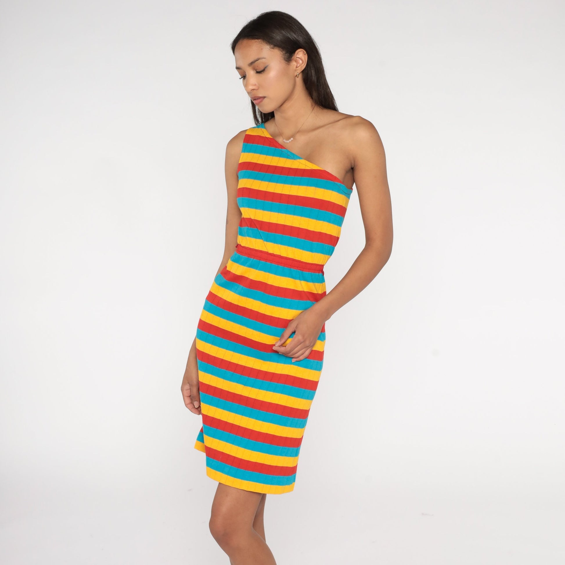 70s One-Shoulder Striped Mini Dress Bright Summer Sundress Extra Small