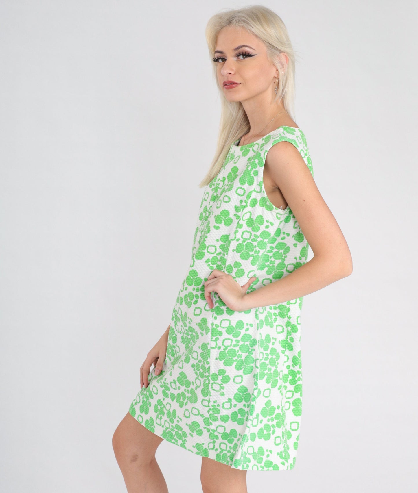 60s Lime Green Floral Shift Mini Dress Sleeveless Medium