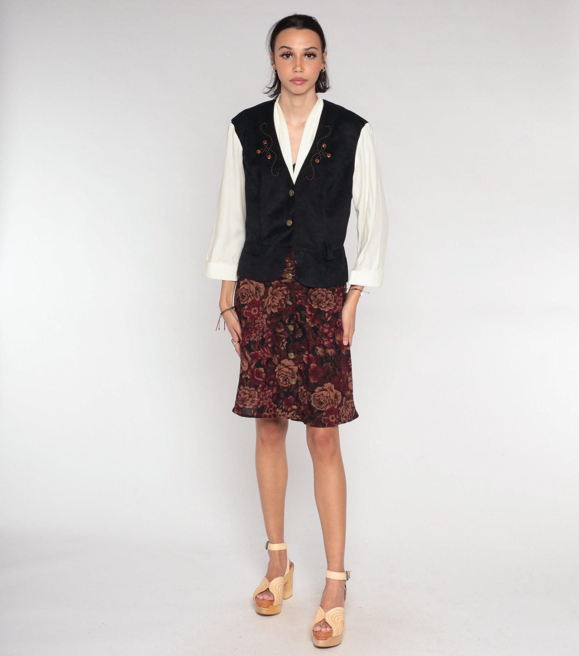 90s Layered Vest Dress White Floral Mini Button-Up Black Long Sleeve Medium