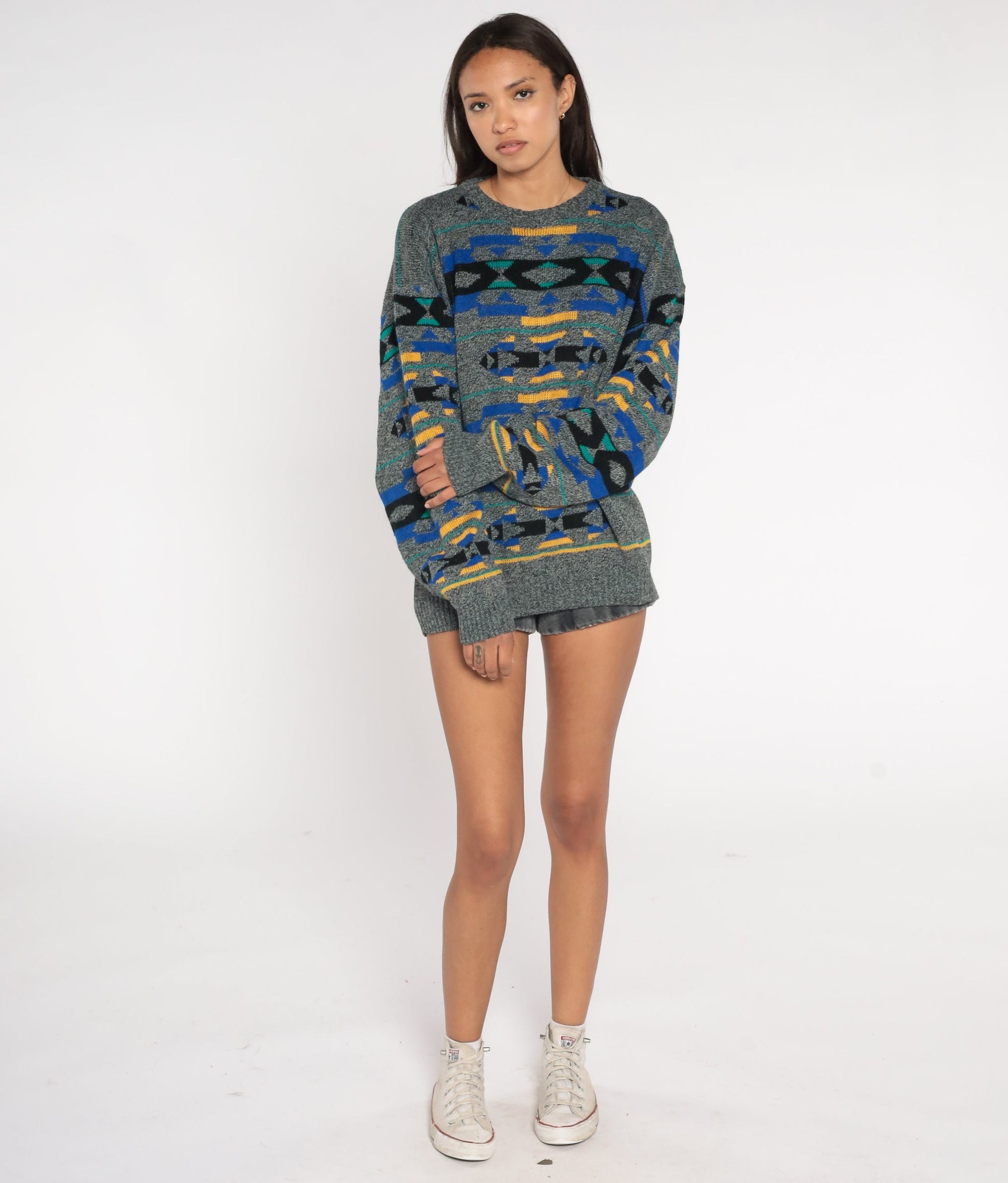 90s Southwestern Geometric Knit Sweater Grey Crewneck Pullover Extra Large