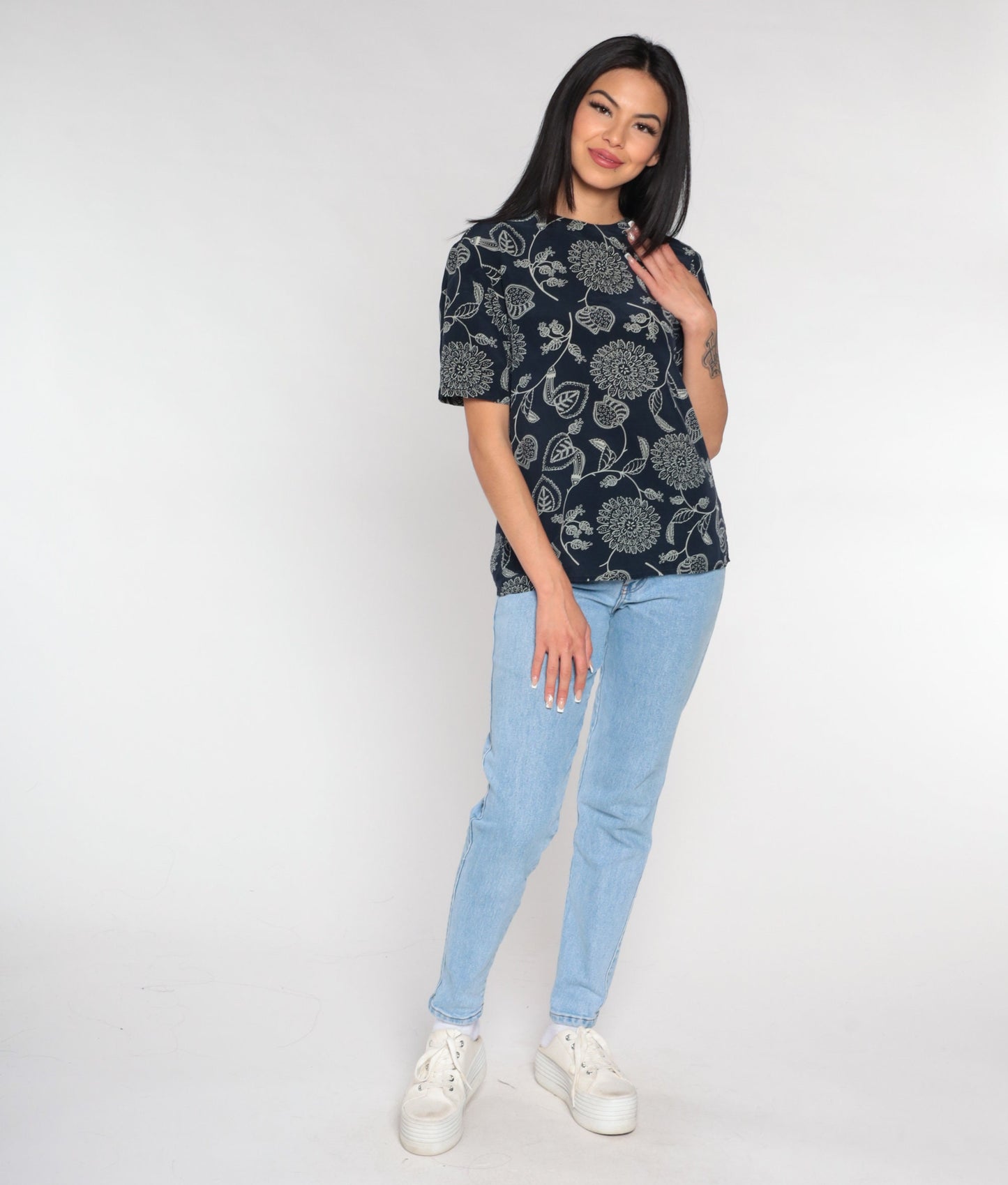 Y2K Navy Silk Blouse Floral Print Short Sleeve Button Back Small