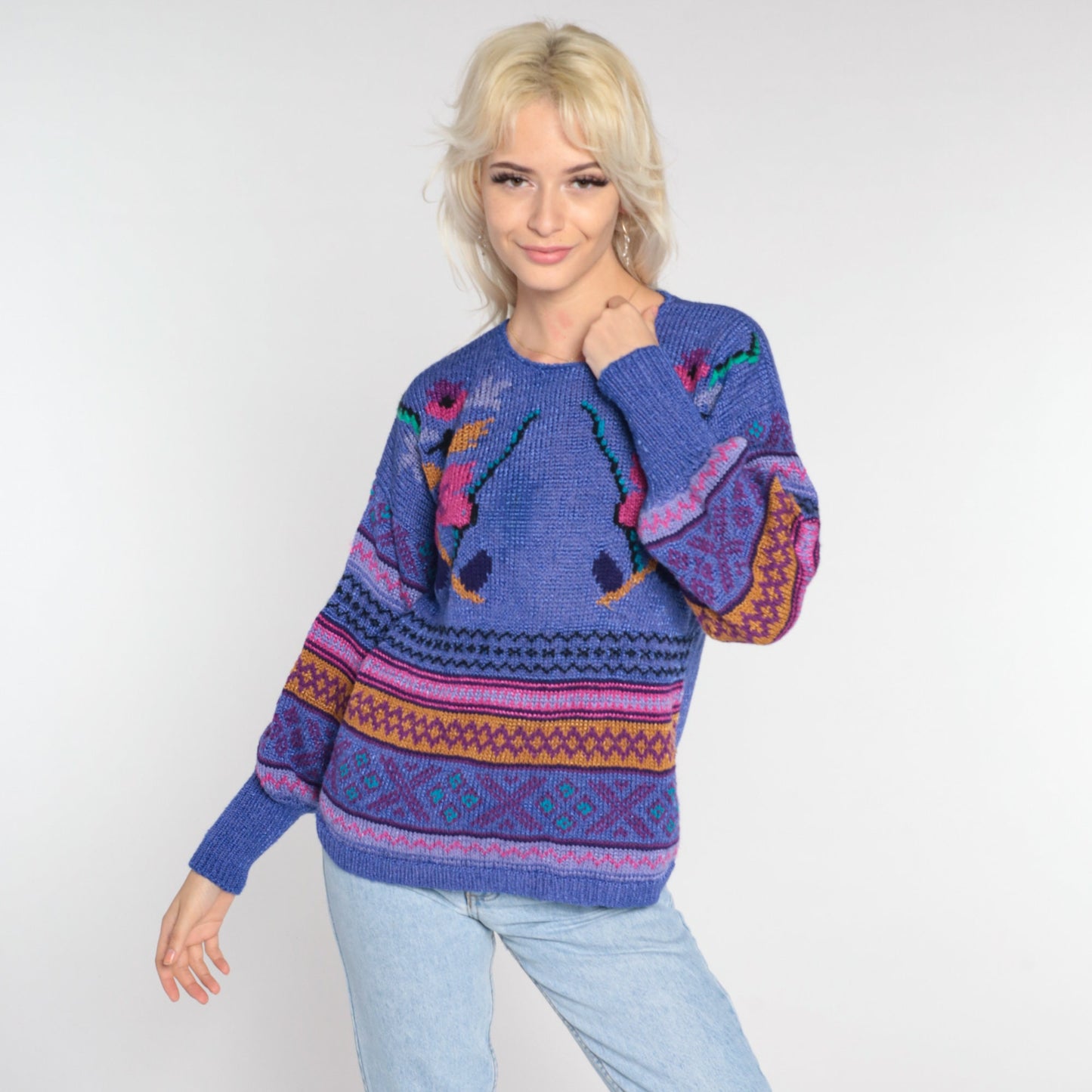 80s Purple Floral Geometric Knit Sweater Pullover Medium