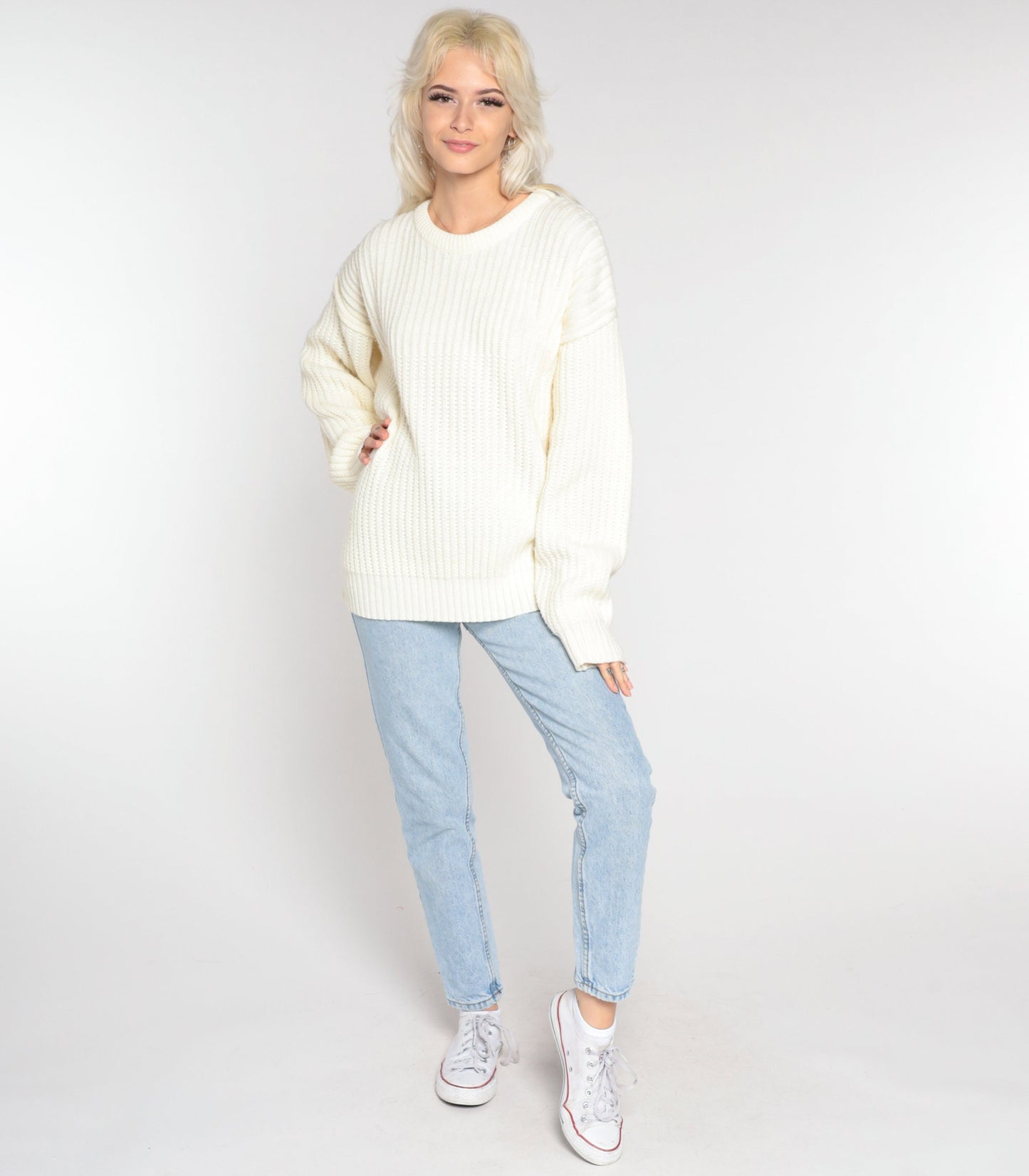 90s High Sierra Off-White Ribbed Knit Crewneck Pullover Sweater Large L