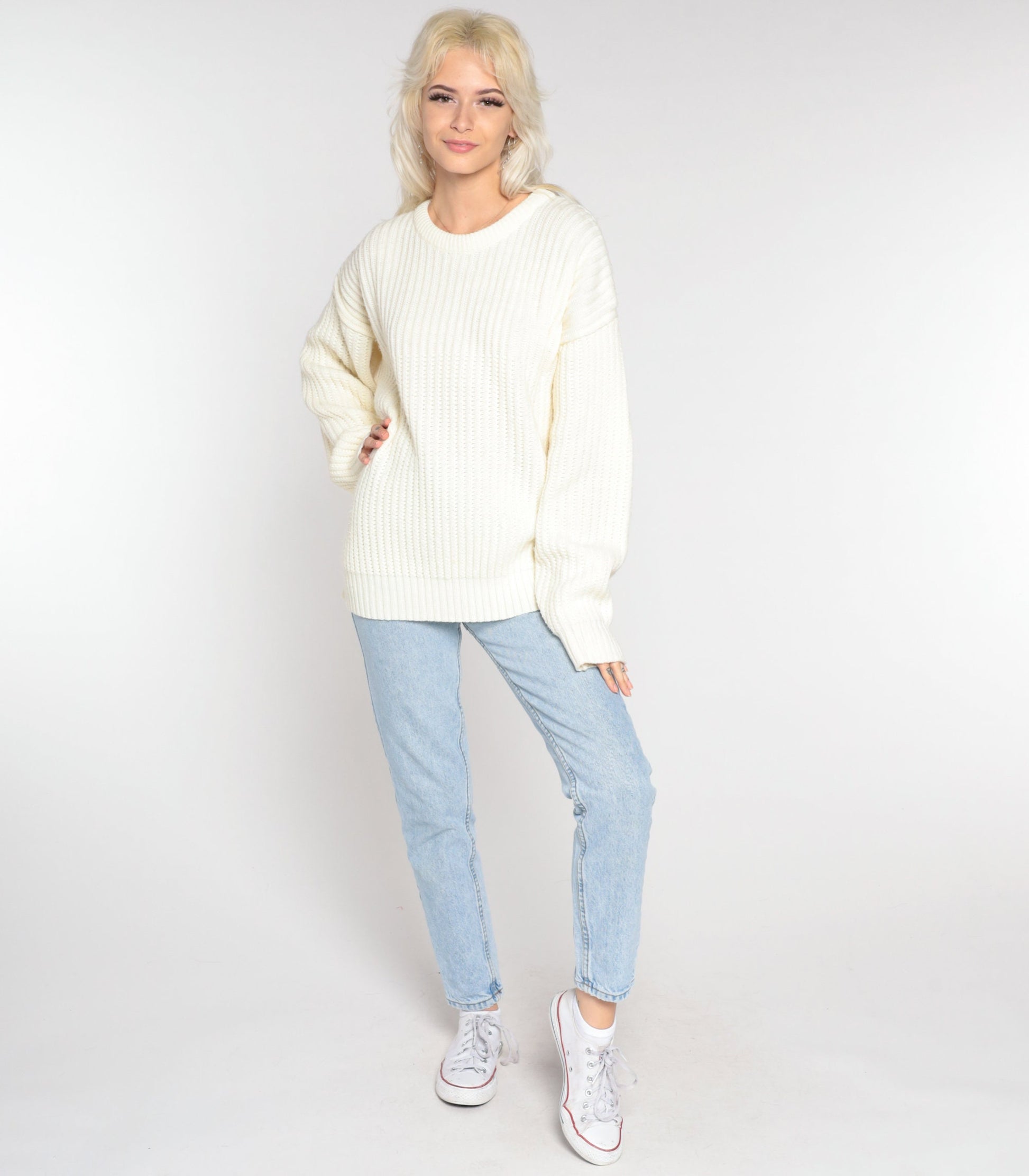 90s High Sierra Off-White Ribbed Knit Crewneck Pullover Sweater Large L