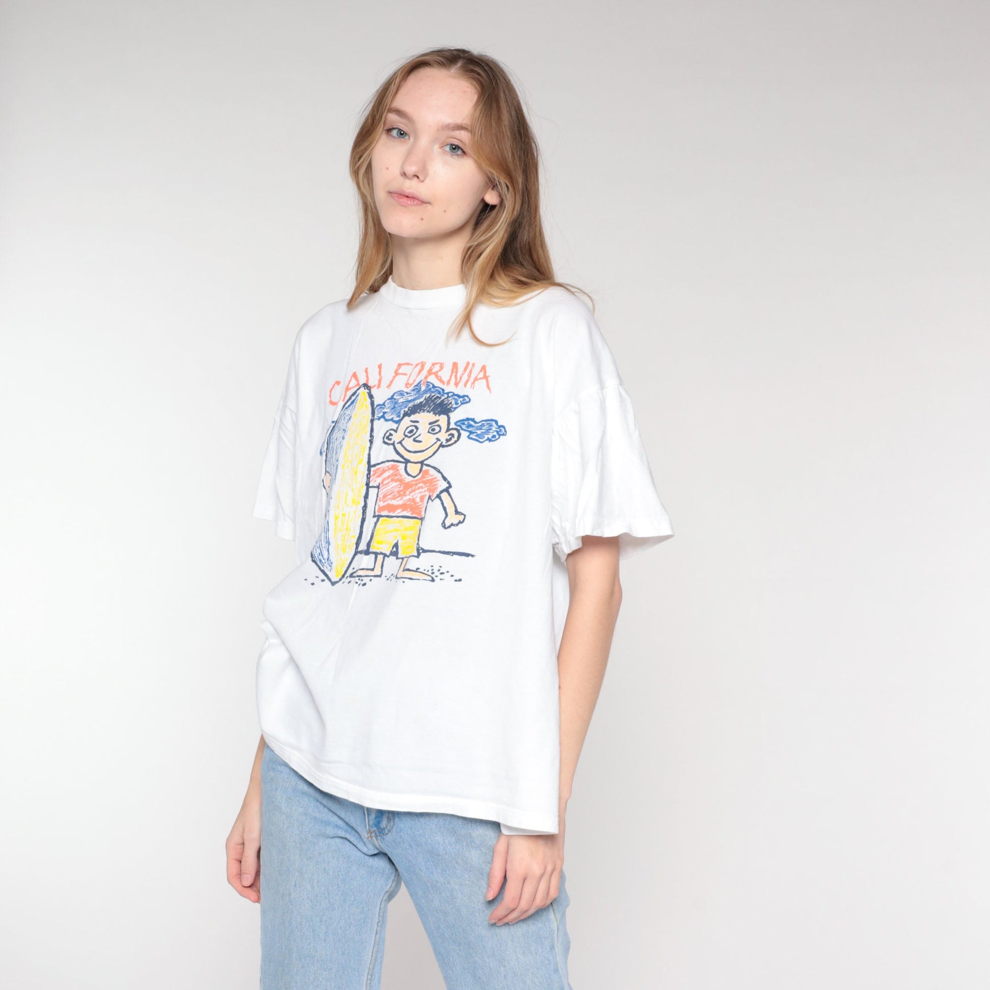 90s California Surfer Boy Graphic T-Shirt White Cotton Extra Large XL