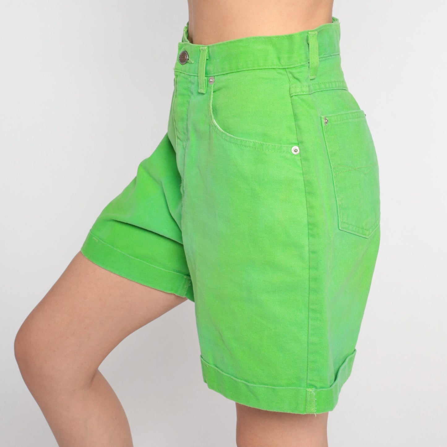 Y2K Lime Green High-Waisted Denim Shorts Route 66 Cotton Small