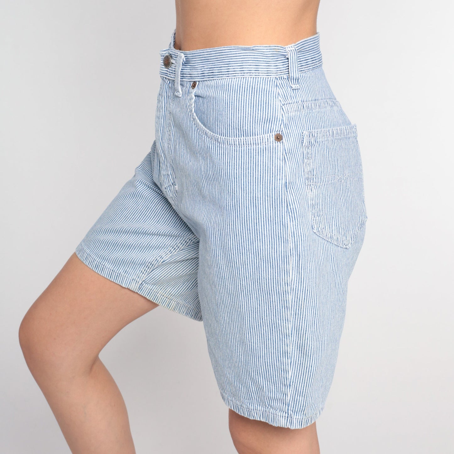 00s Faded Glory Striped Denim Shorts High Waisted Blue White Small