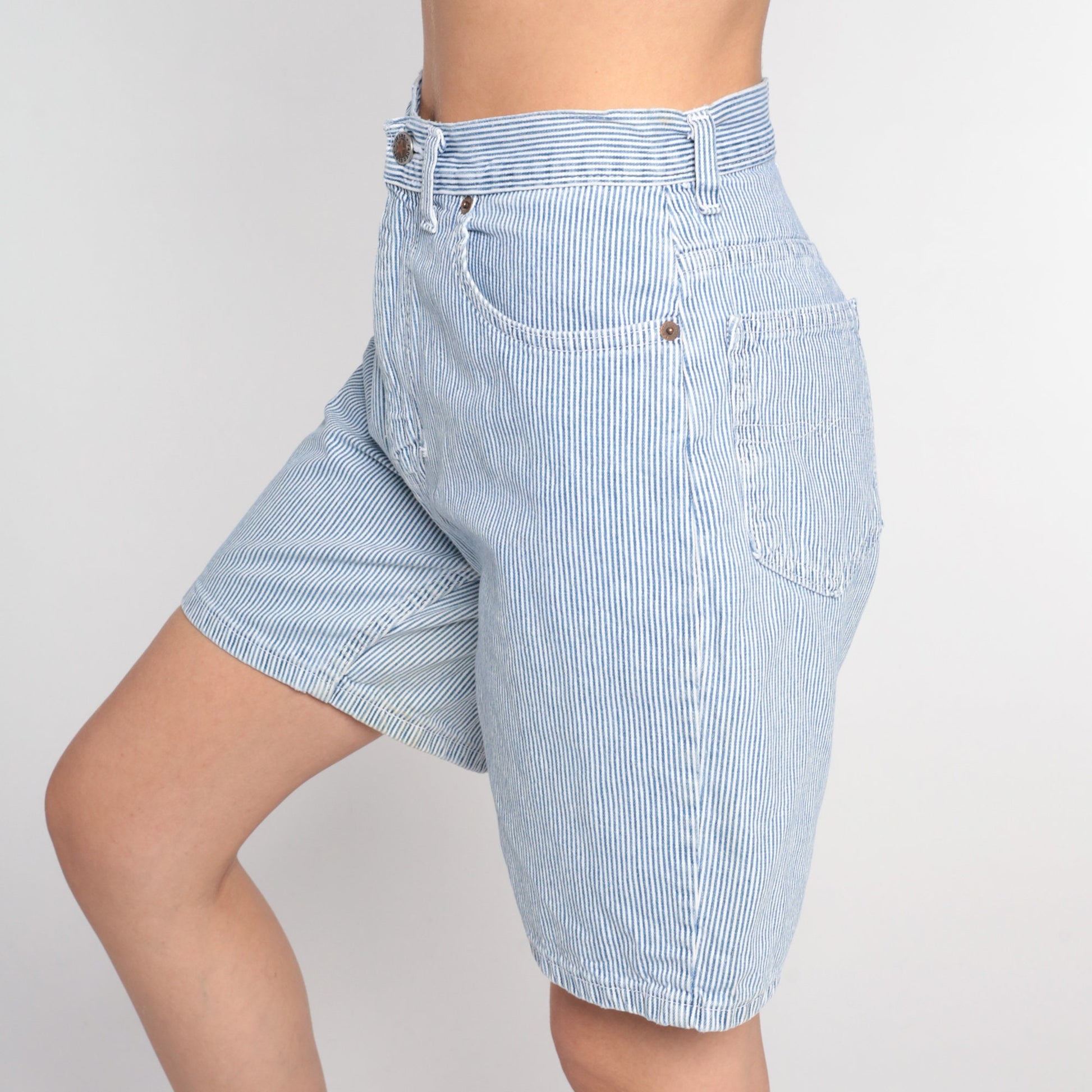 00s Faded Glory Striped Denim Shorts High Waisted Blue White Small