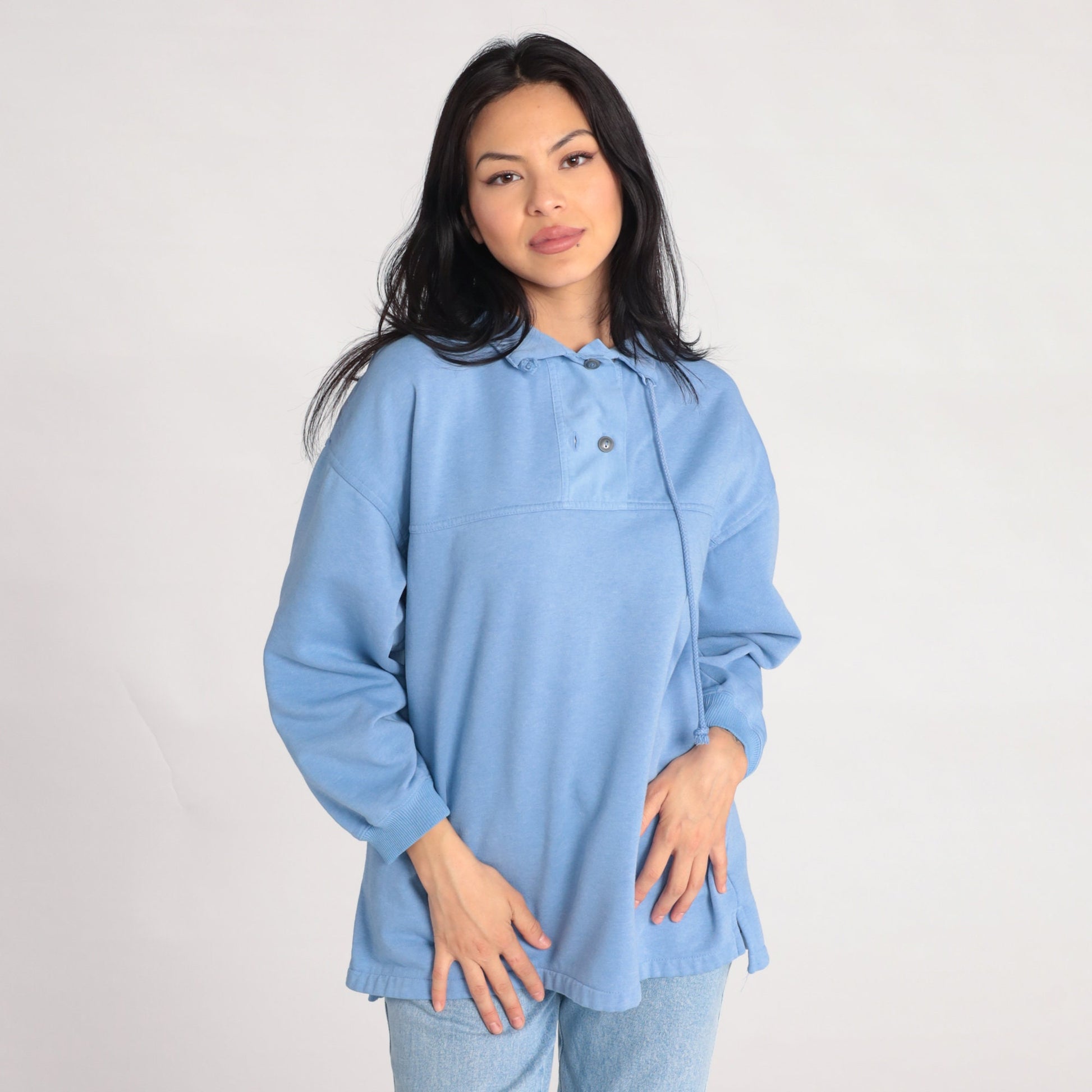 90s Cornflower Blue Sweatshirt Drawstring Neckline Polo Pullover Medium