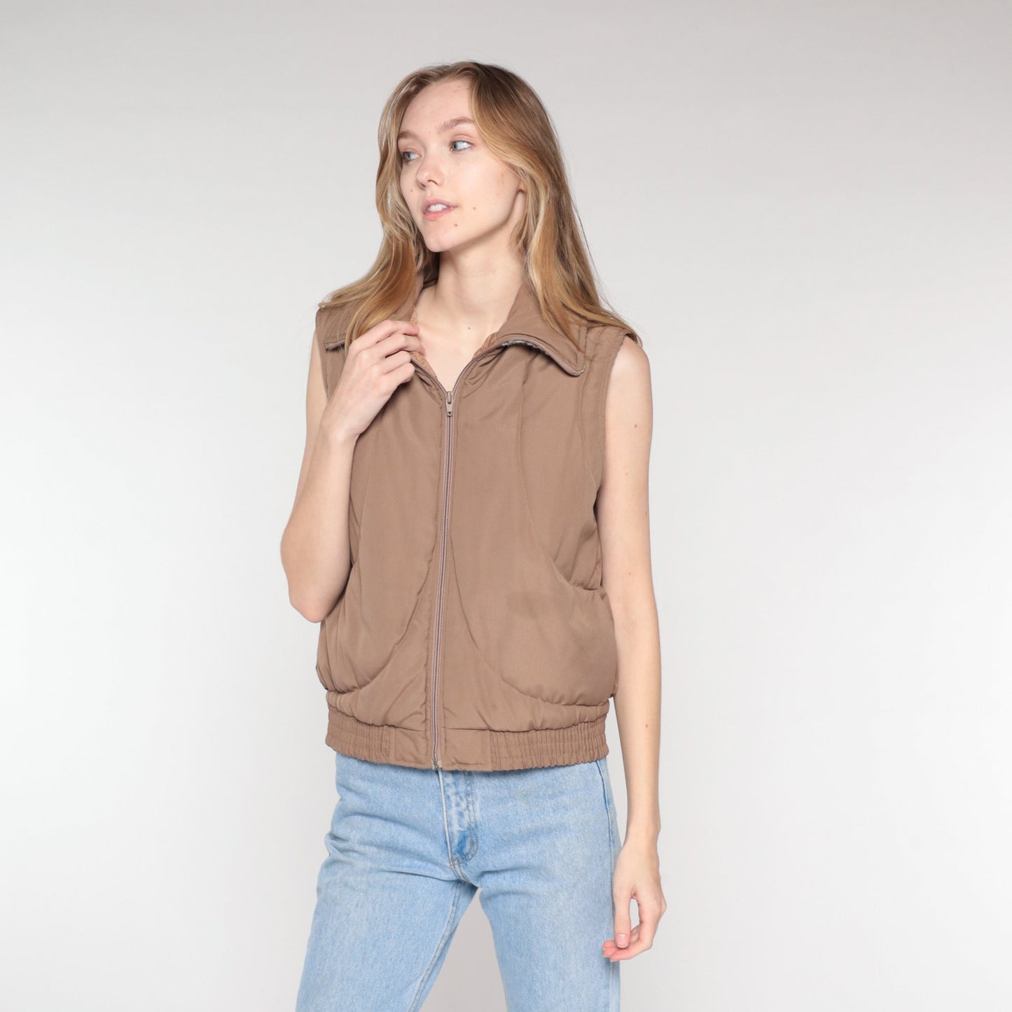80s Brown Quilted Puffer Vest Zip Knit Collar Sleeveless Medium