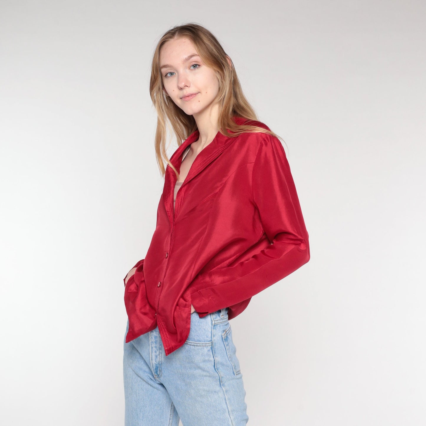 00s Red Silk Button-Up Blouse Long Sleeve Shirt Extra Large XL
