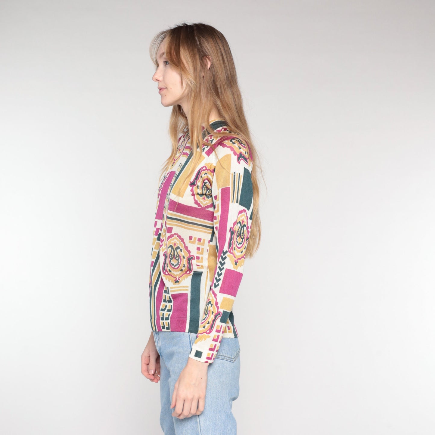 70s Abstract Geometric Paisley Knit Top Mock Neck Long Sleeve Small