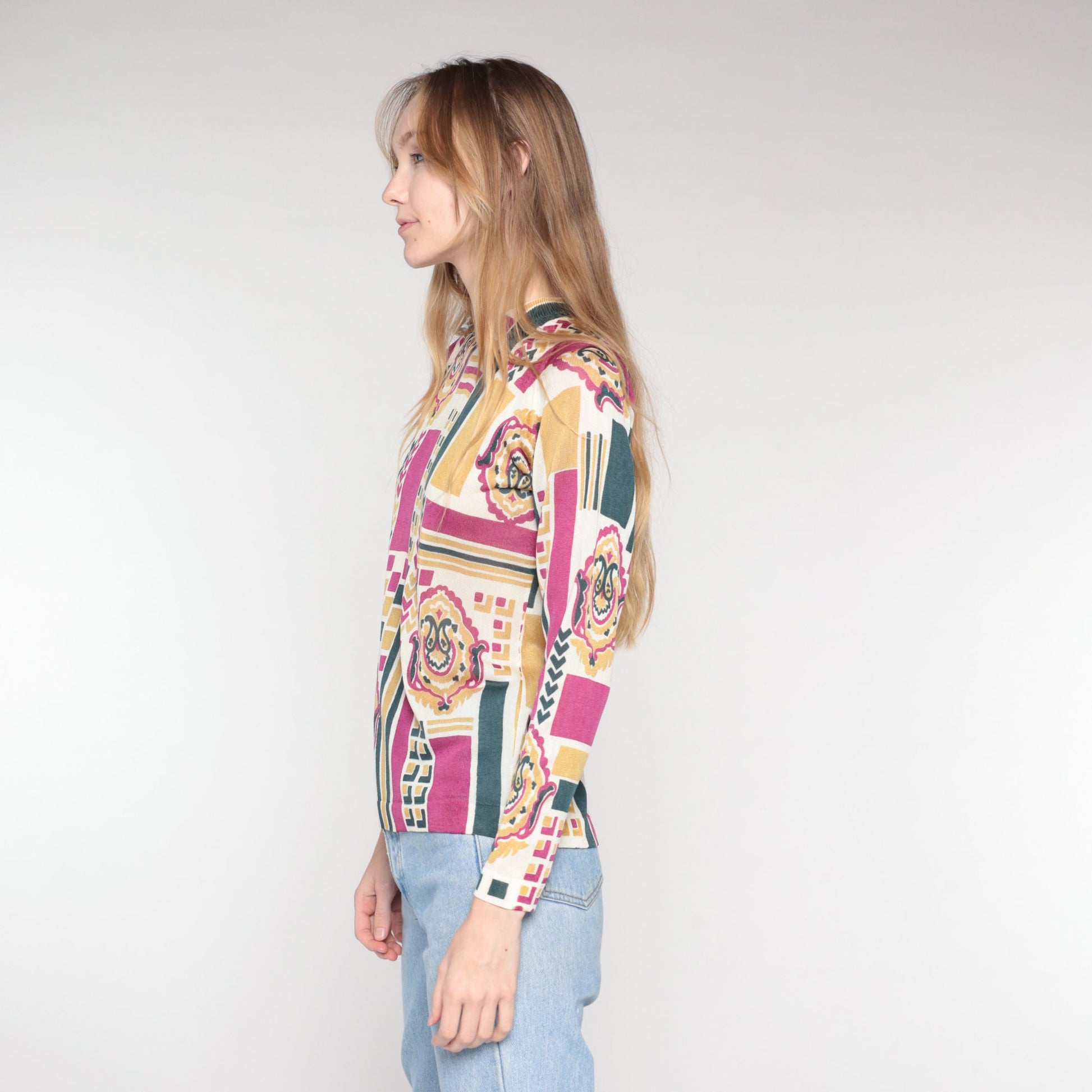 70s Abstract Geometric Paisley Knit Top Mock Neck Long Sleeve Small