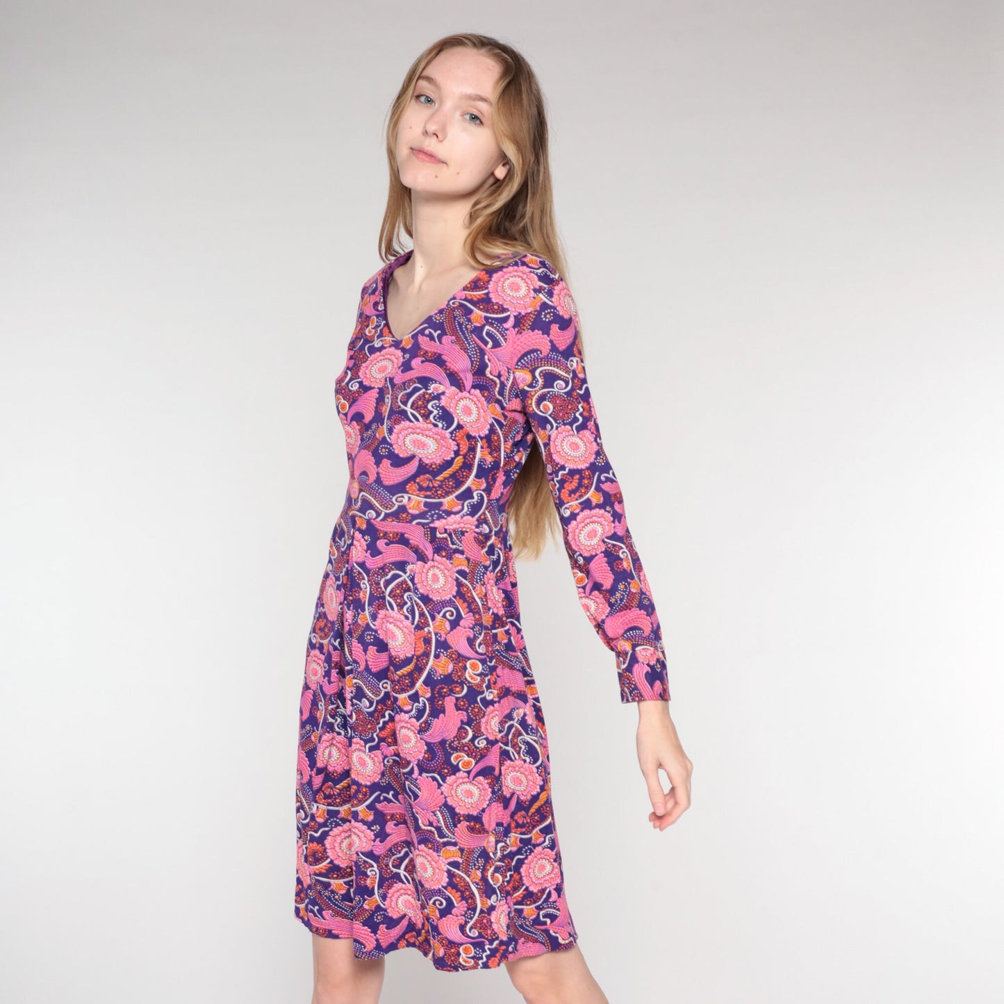 70s Purple Pink Floral Mini Dress Long Sleeve V-Neck Small S