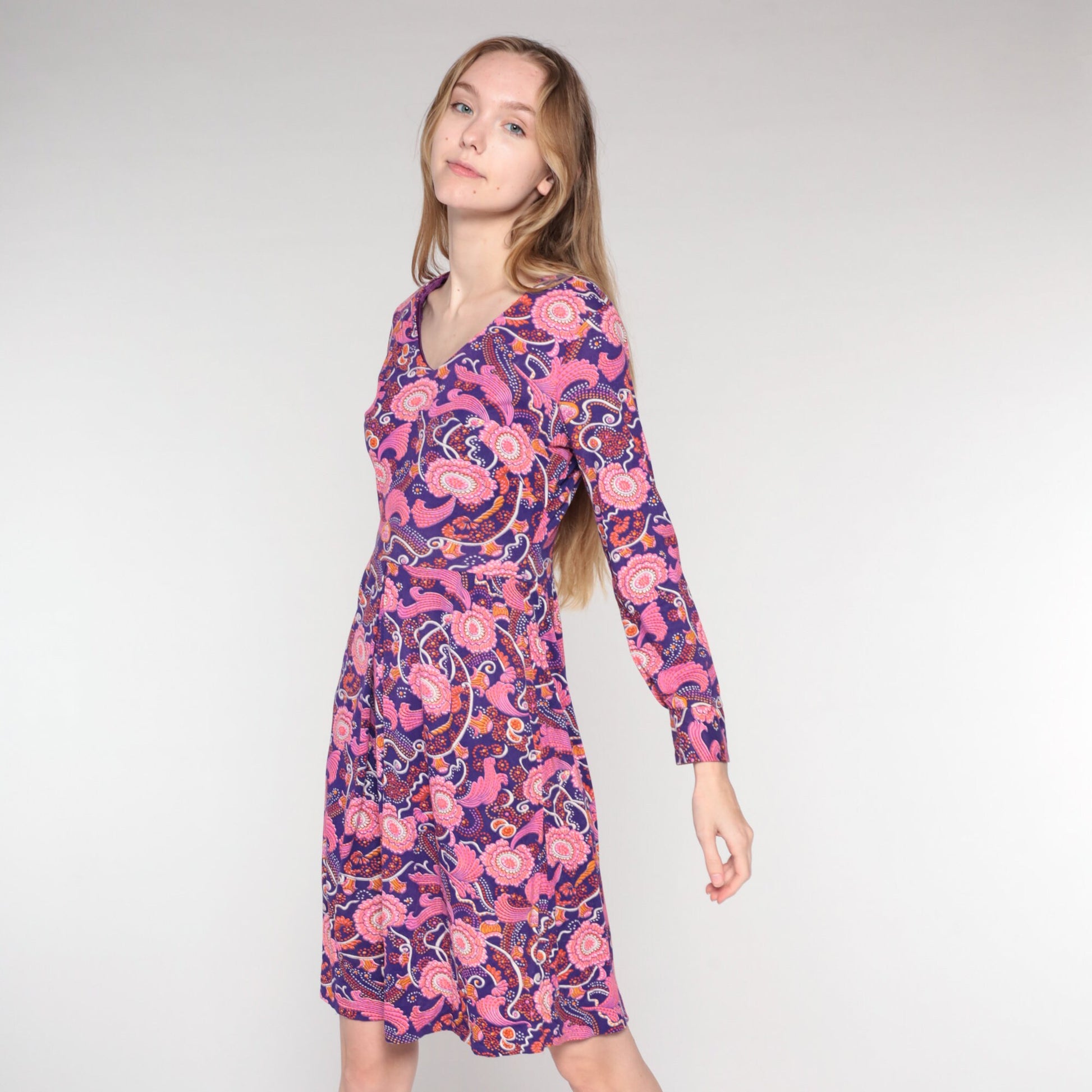 70s Purple Pink Floral Mini Dress Long Sleeve V-Neck Small S