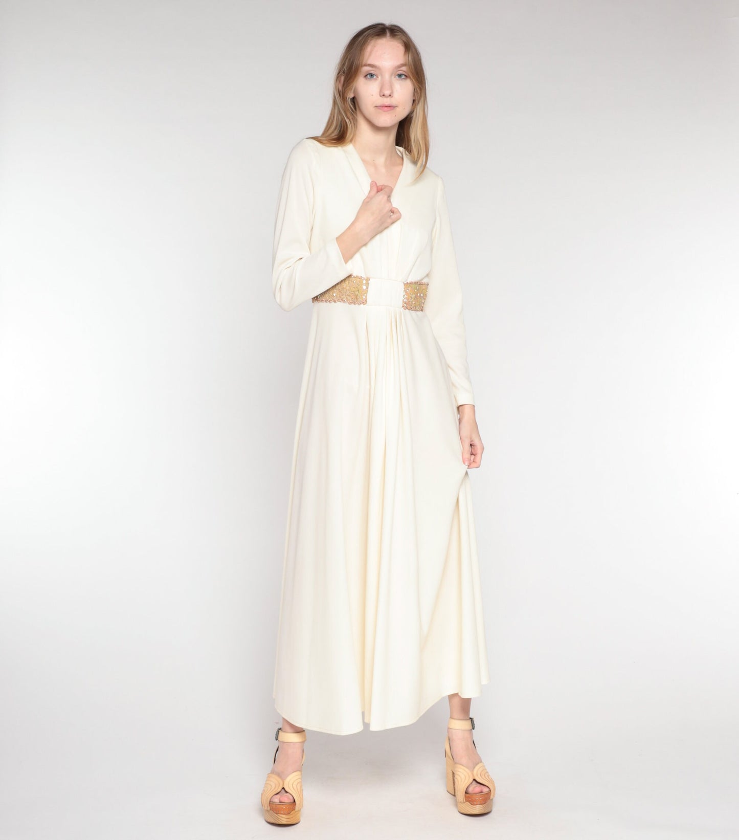 70s Grecian Maxi Dress Cream Sequin V-Neck Long Sleeve Small S