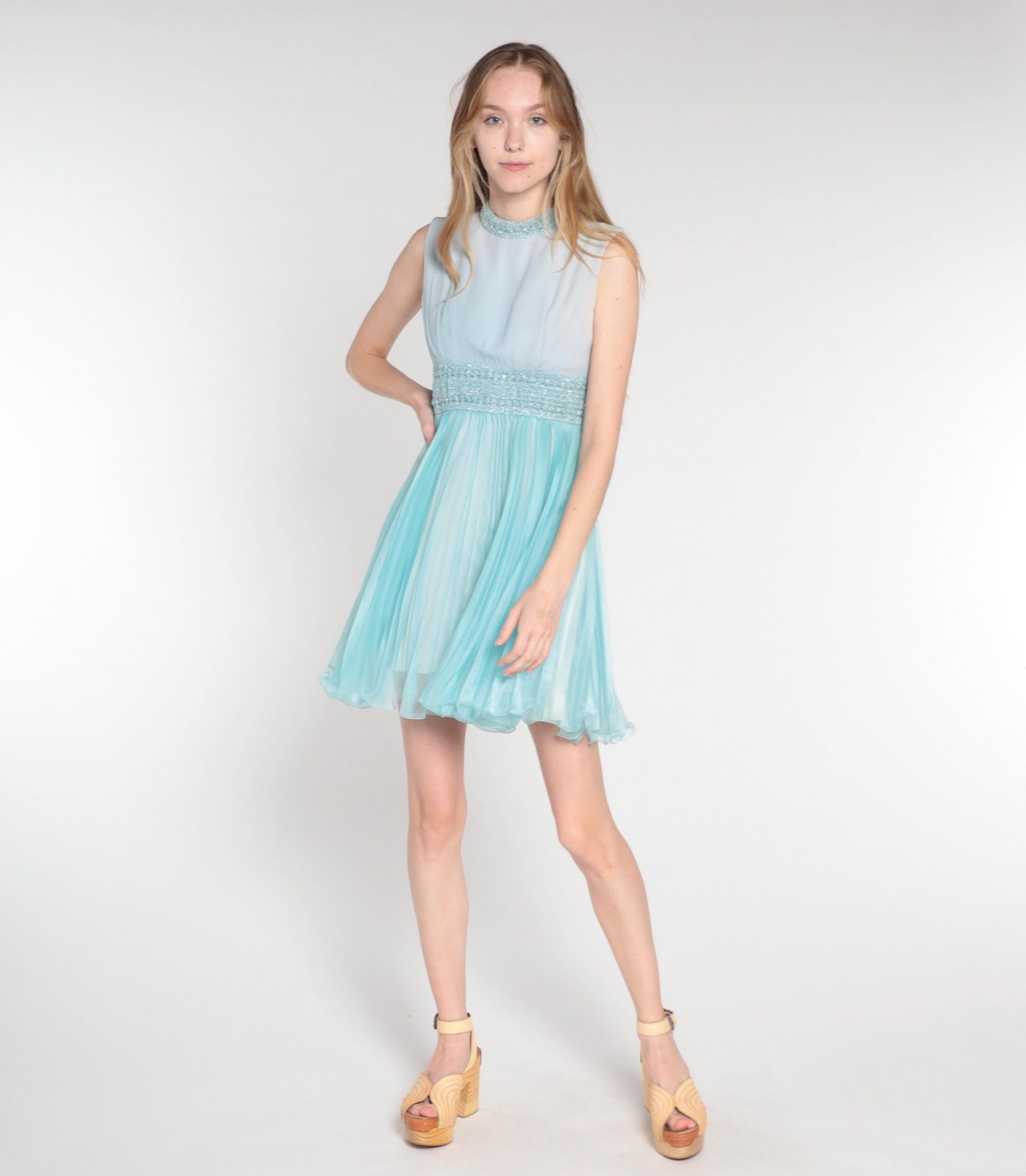 60s Blue Sparkly Empire Waist Mini Dress Sleeveless Pleated Cocktail Extra Small