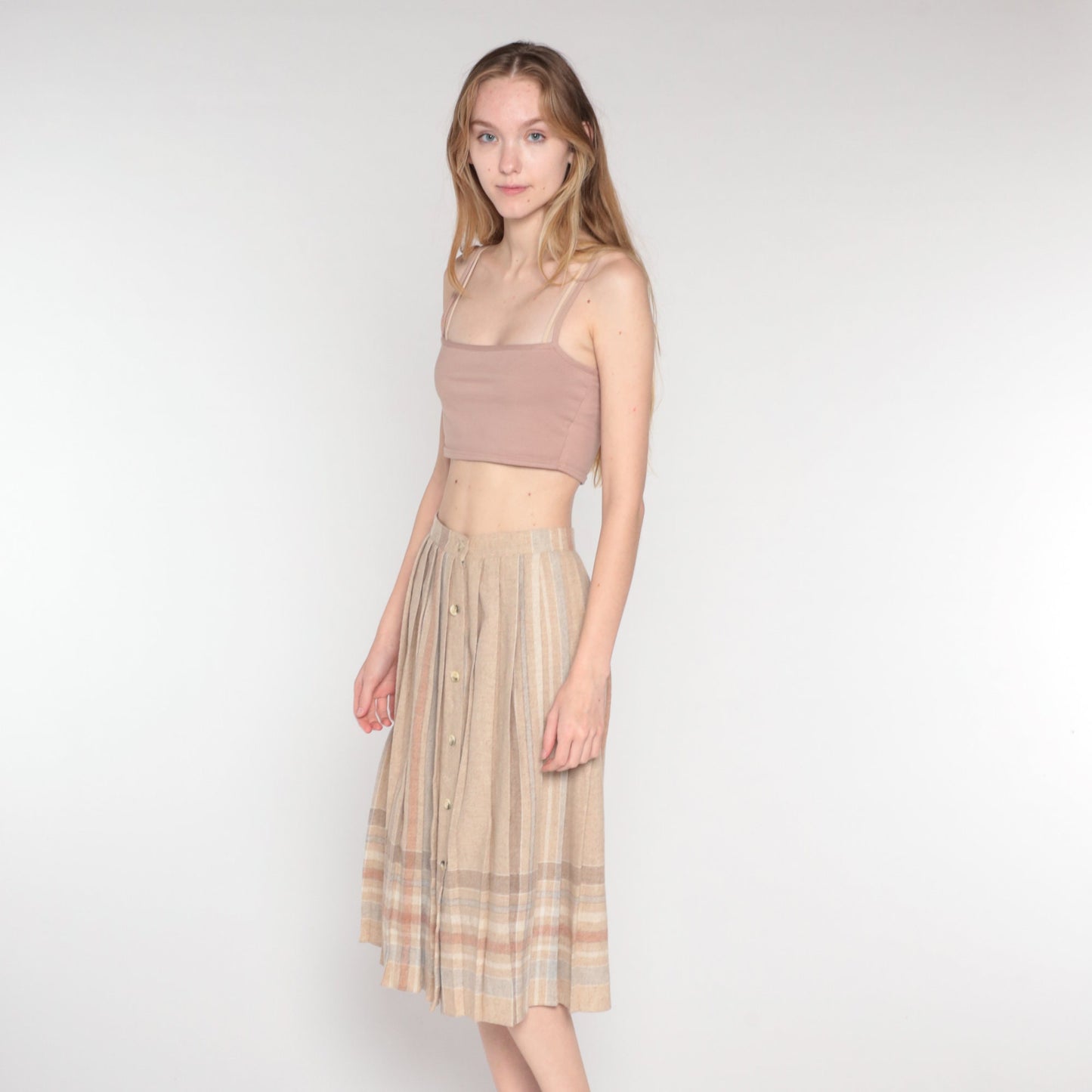 80s Tan Striped Pleated Midi Skirt High Waist Button Front Extra Small