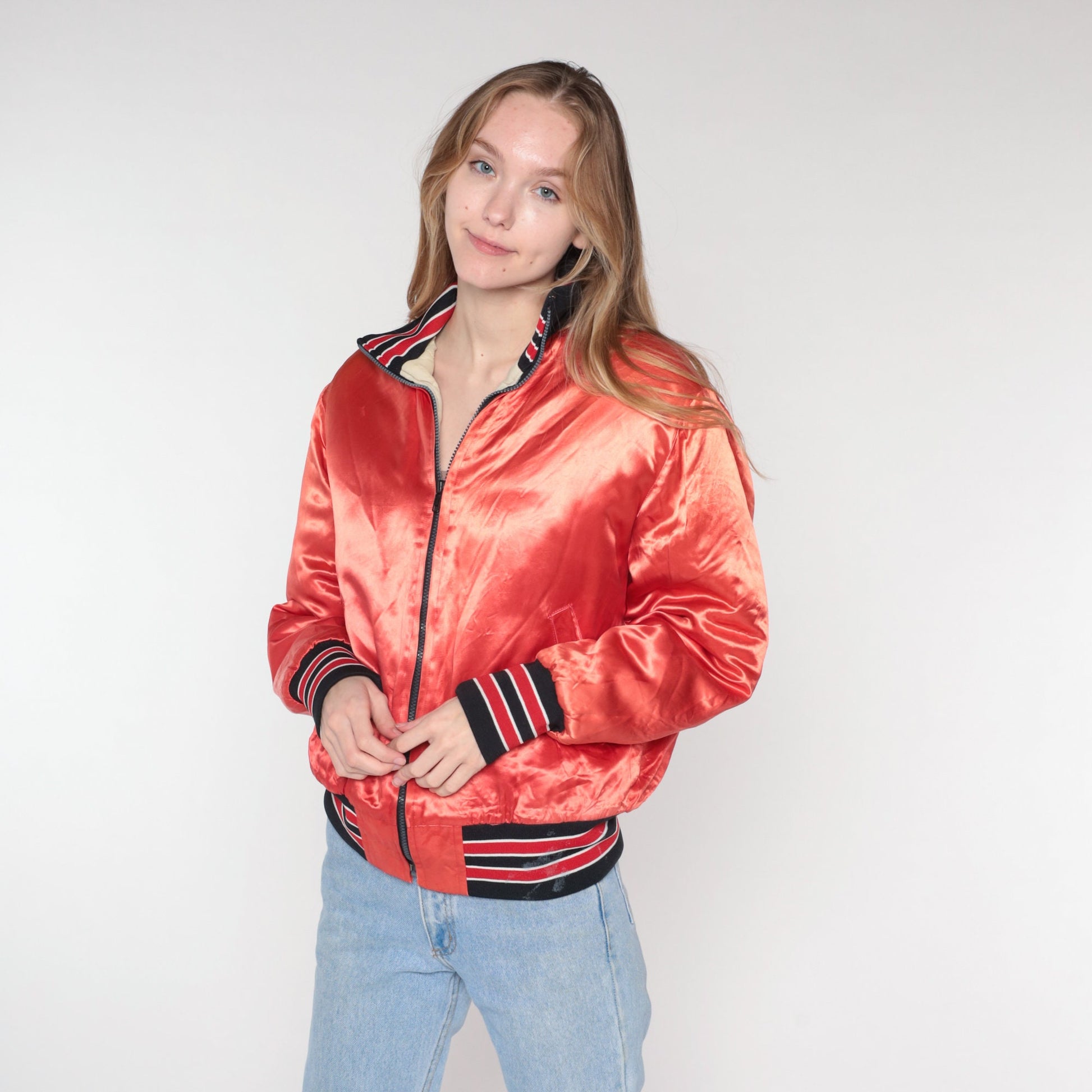 80s Red-Orange Baseball Bomber Jacket Quilted Lining Zip Up Medium