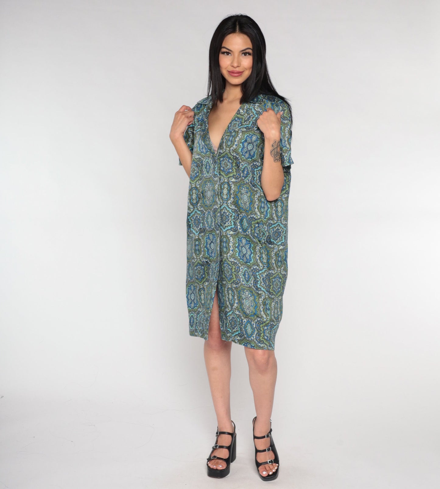 60s Geometric Floral Shirt Dress Mini Blue Green Double Breasted Large L