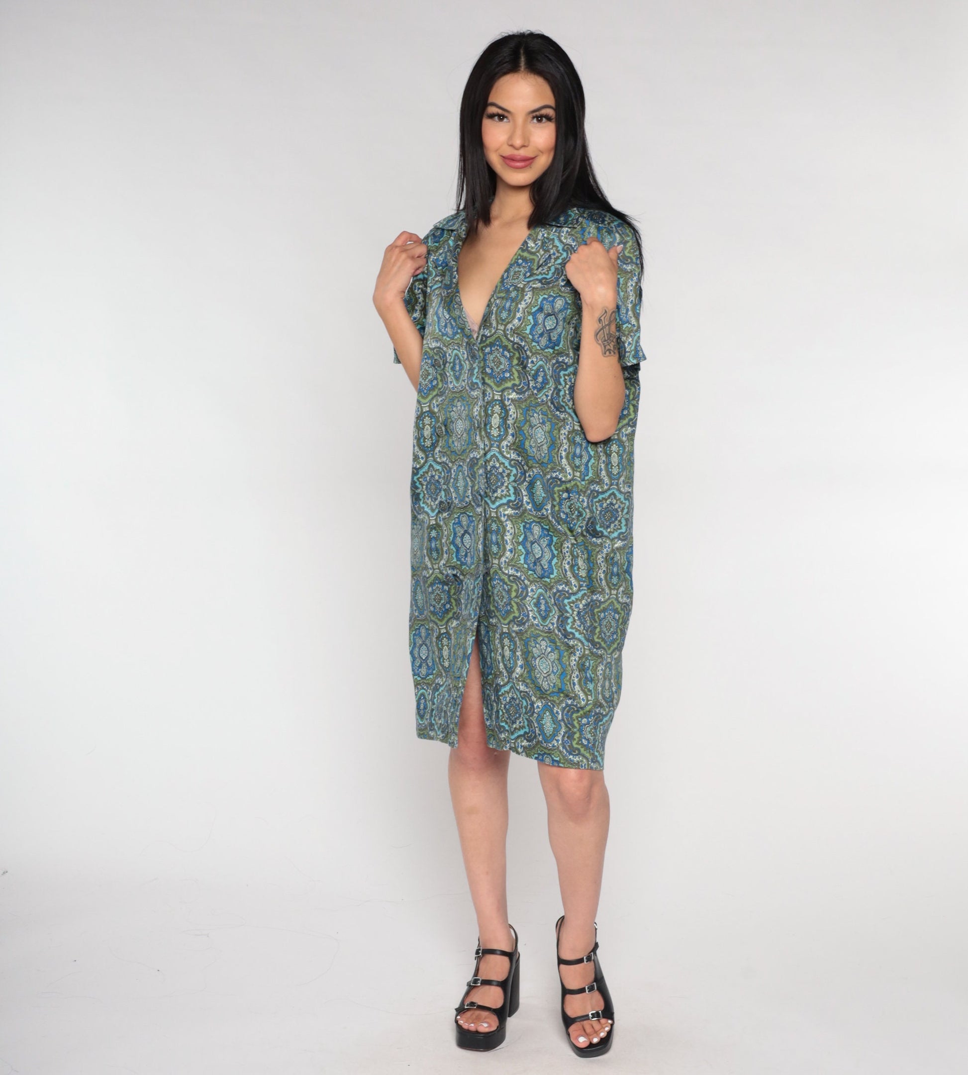 60s Geometric Floral Shirt Dress Mini Blue Green Double Breasted Large L